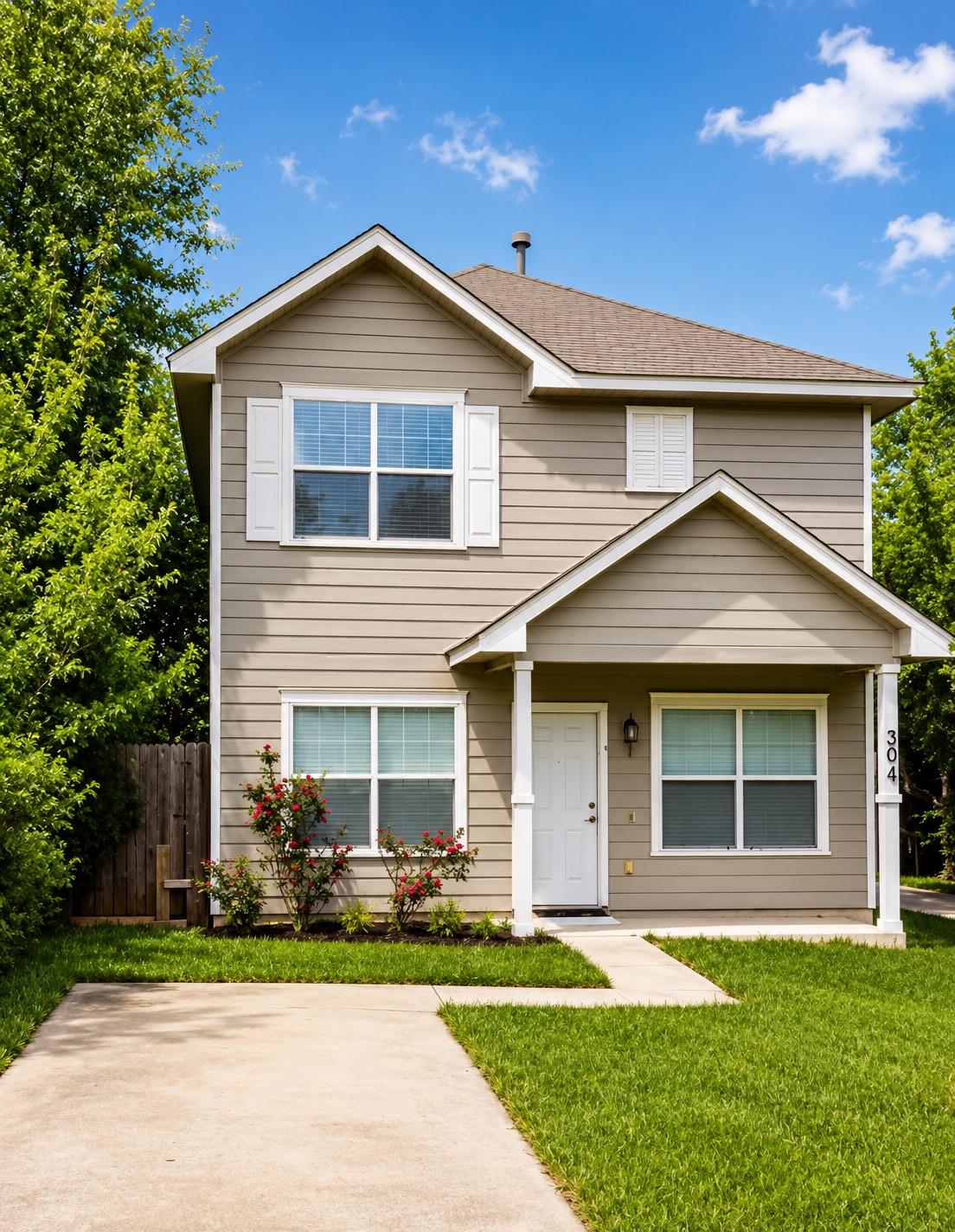 A welcoming front facade showcases crisp white tr