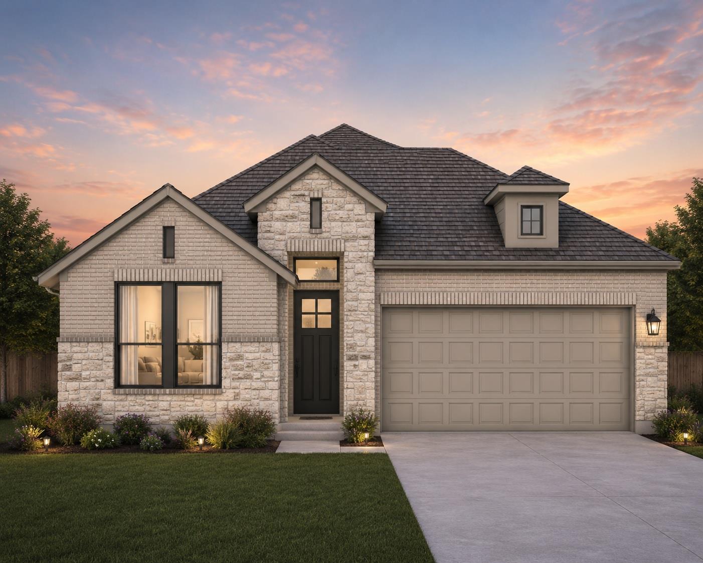 A striking exterior combines brick and stone, cre