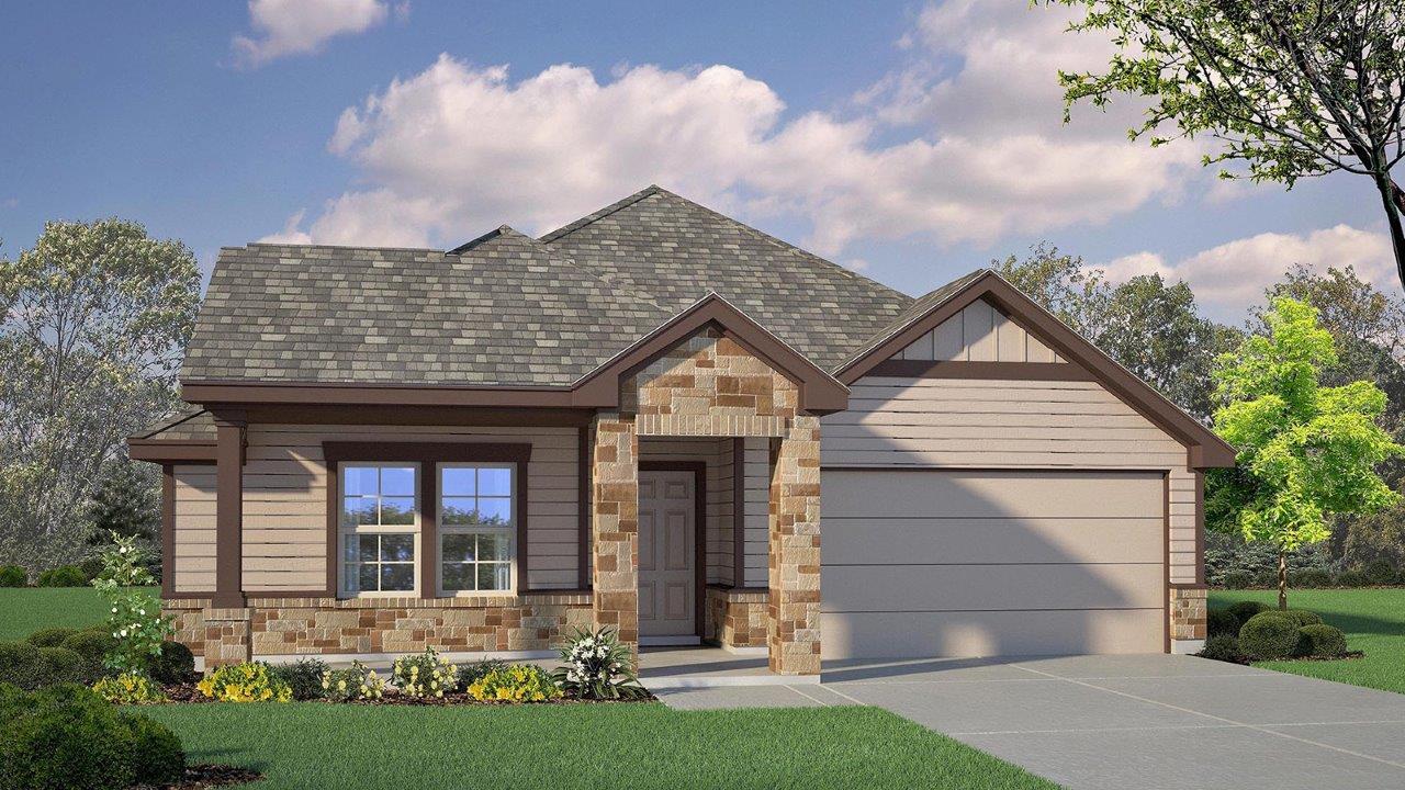 A welcoming stone and siding facade offers classi