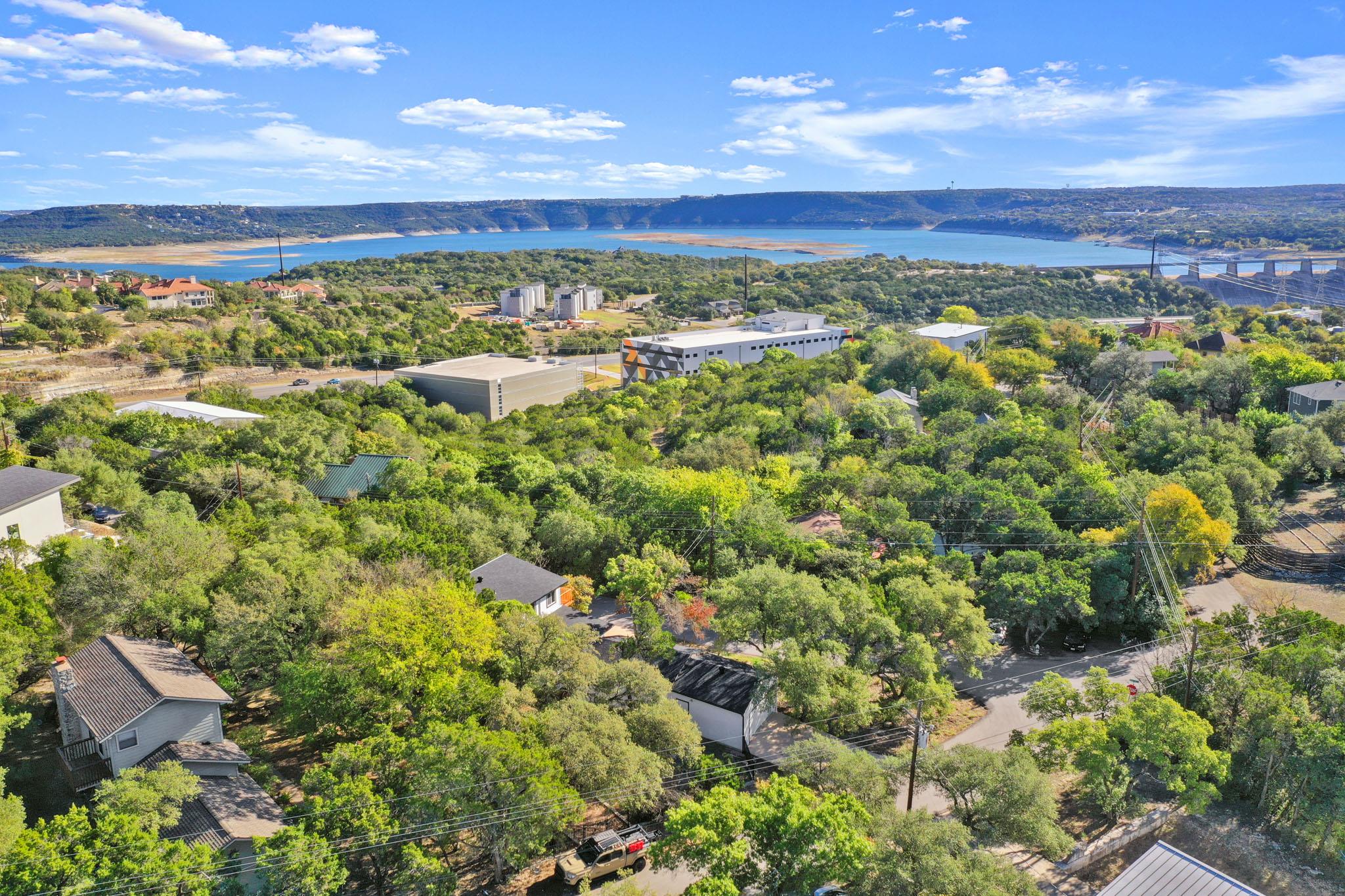 An aerial perspective reveals a verdant landscape