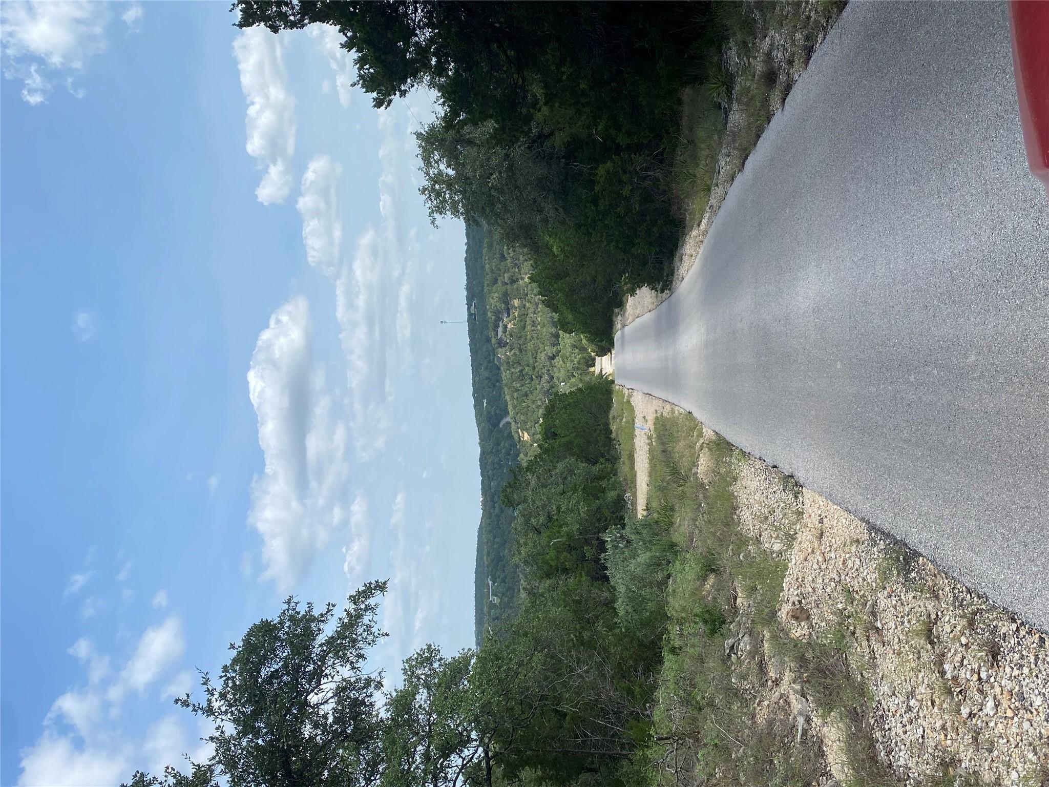 A long, winding paved driveway leads through a wo