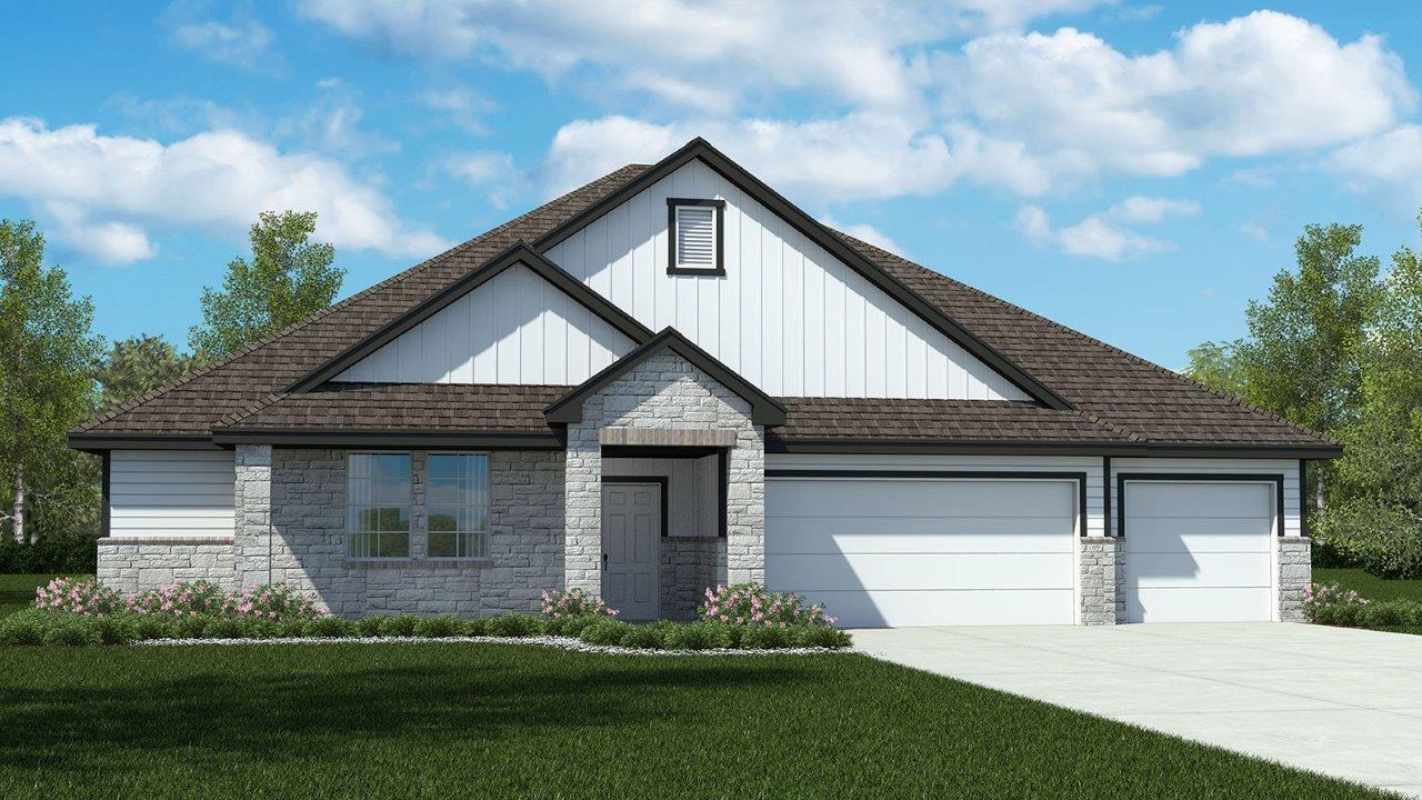 A striking facade with varied textures and gables