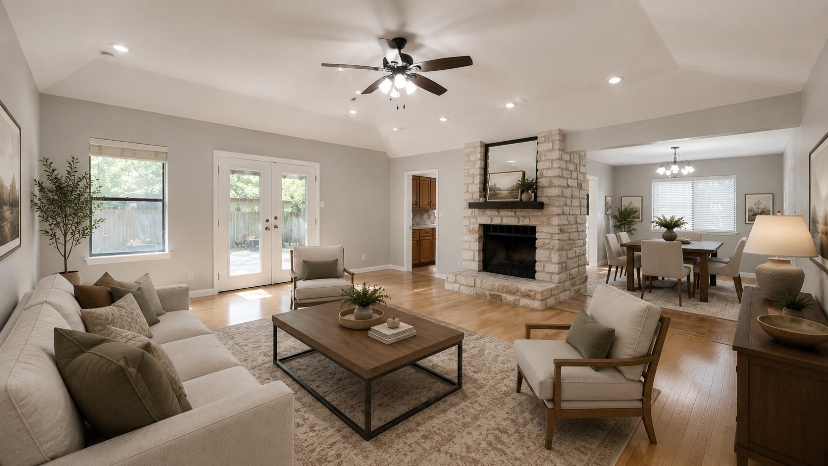A welcoming living room with a charming stone fir
