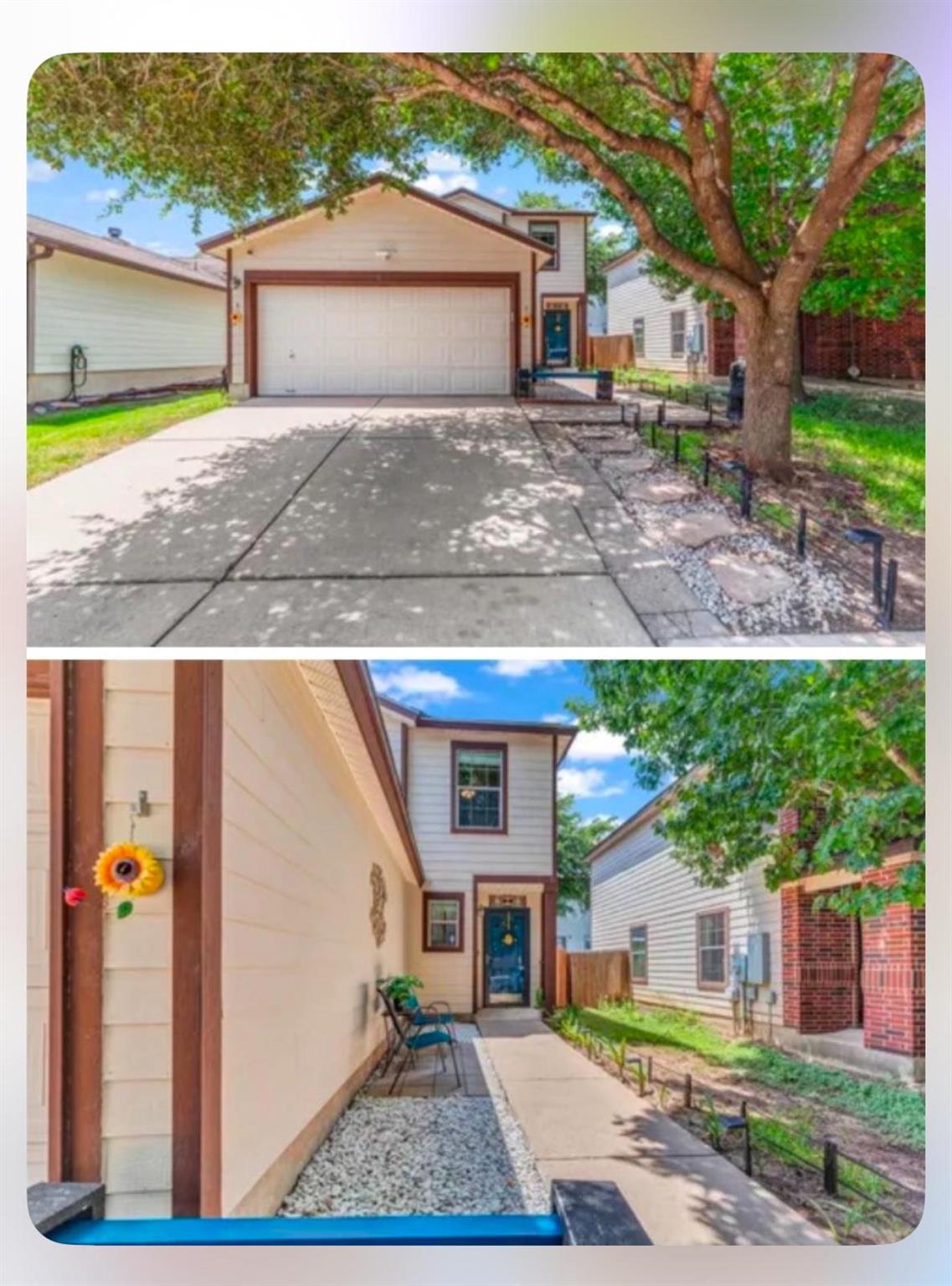 An inviting exterior with a wide driveway and cha