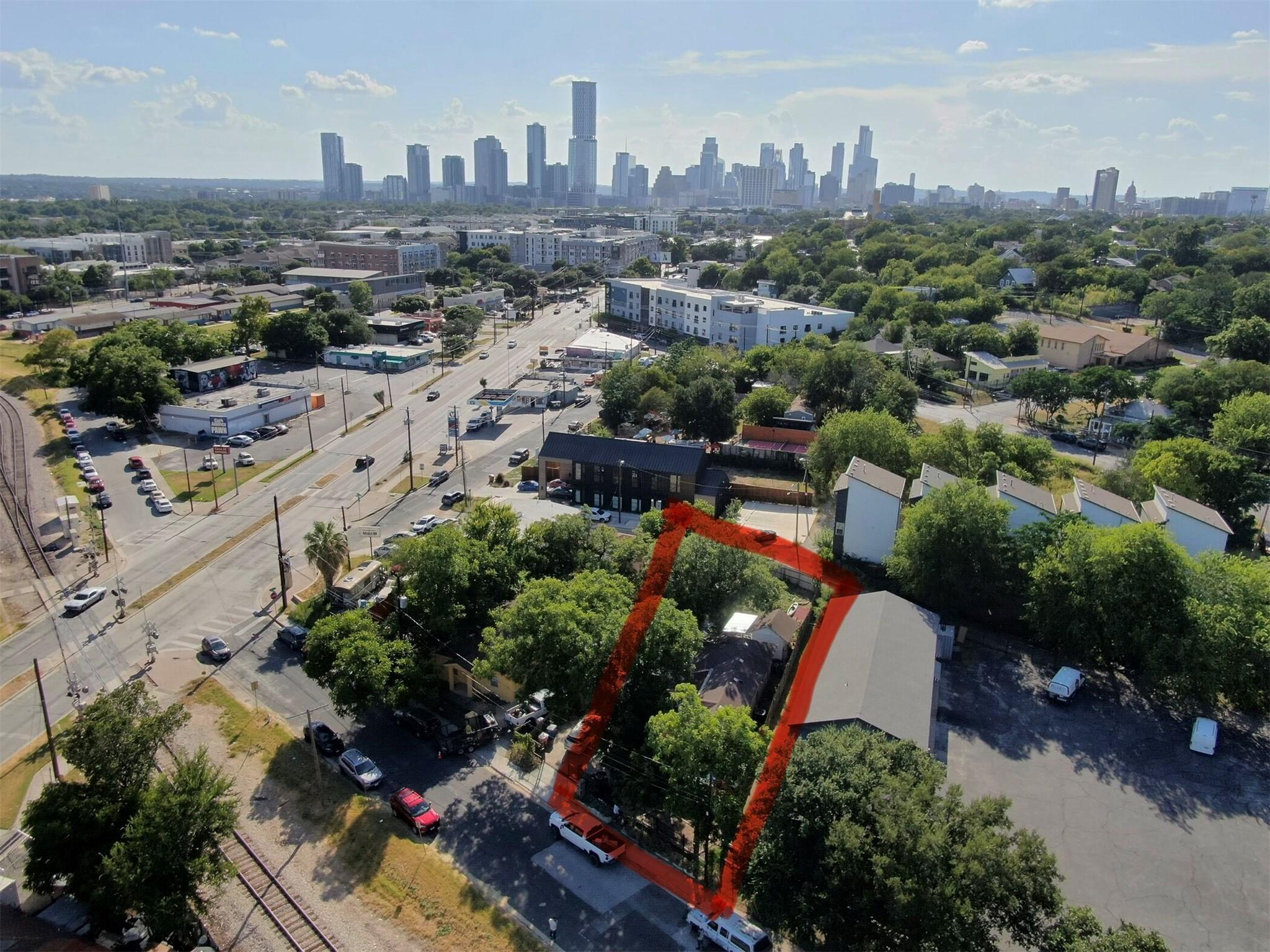 An aerial perspective reveals a prime development