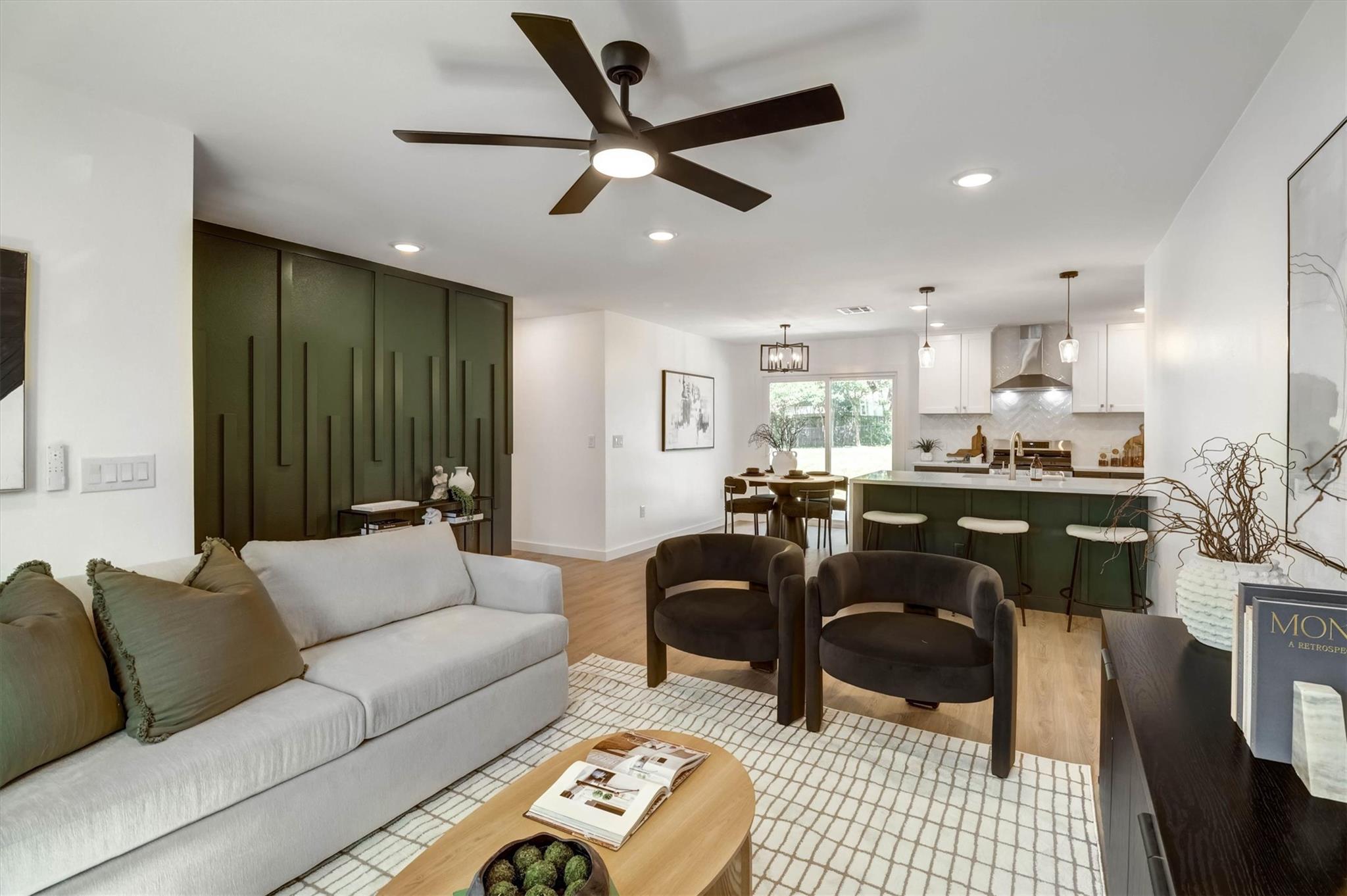 An open floorplan seamlessly connects the living 