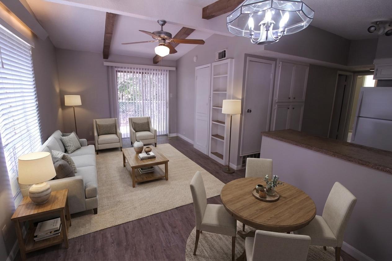 Exposed wood beams add architectural interest to 