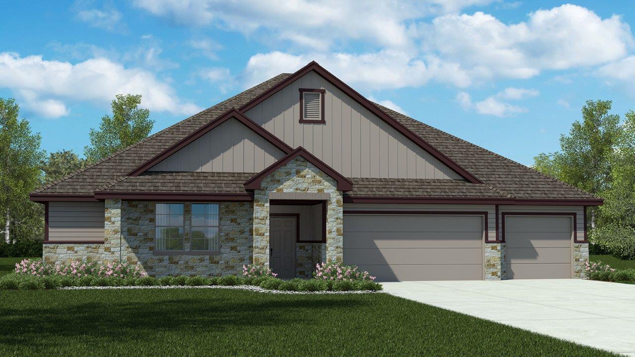 A welcoming front exterior features a stone facad