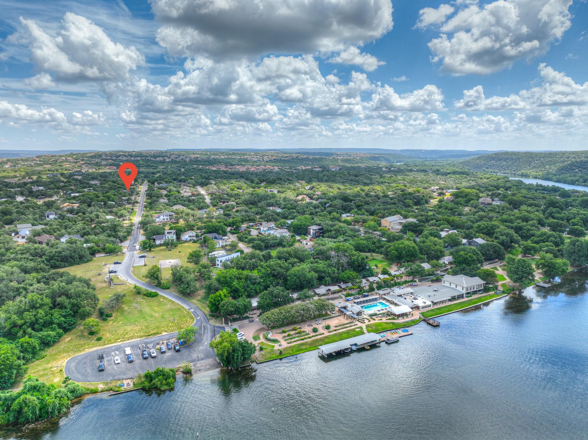 An aerial perspective reveals a serene waterfront
