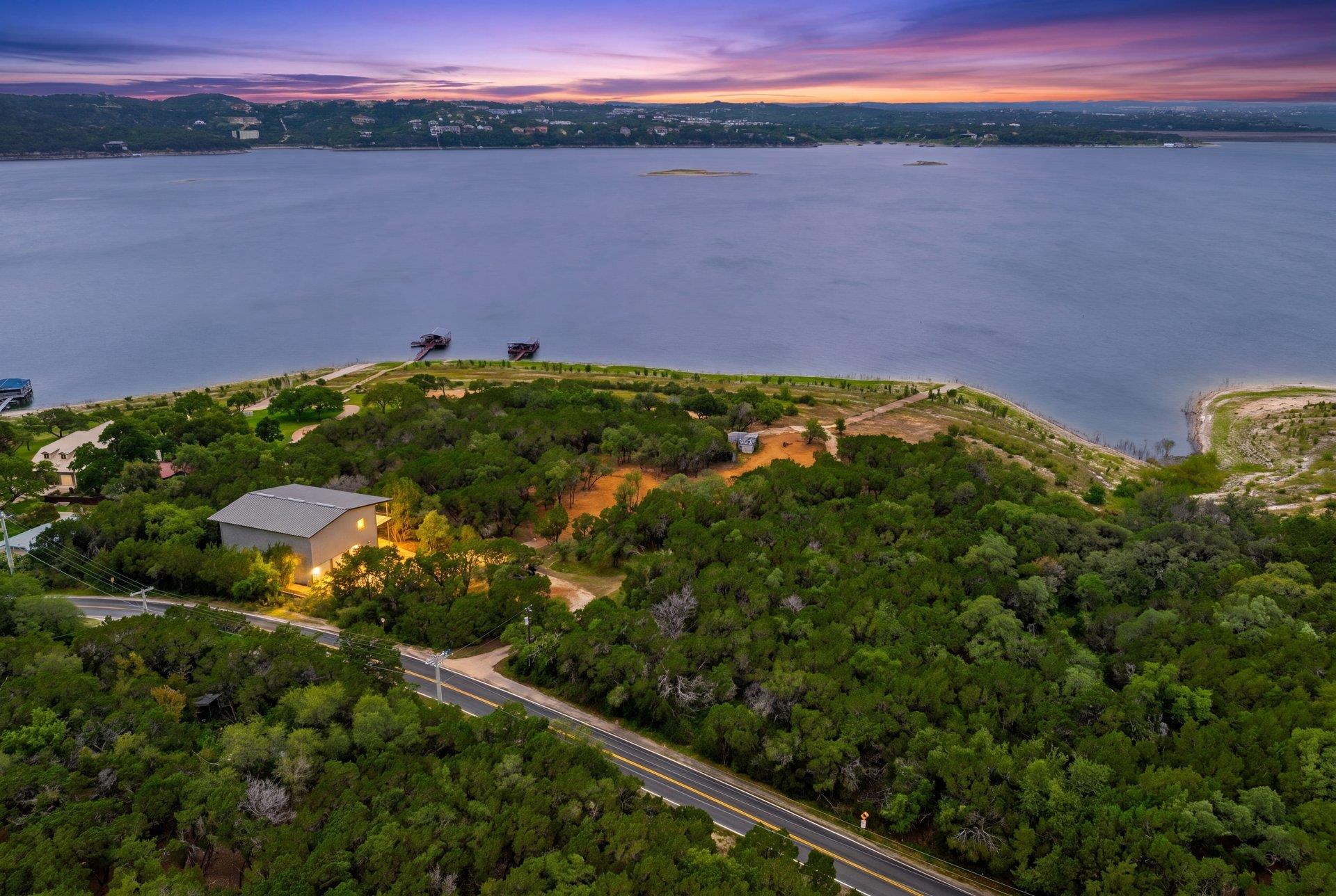 Twilight descends over a secluded lakeside reside