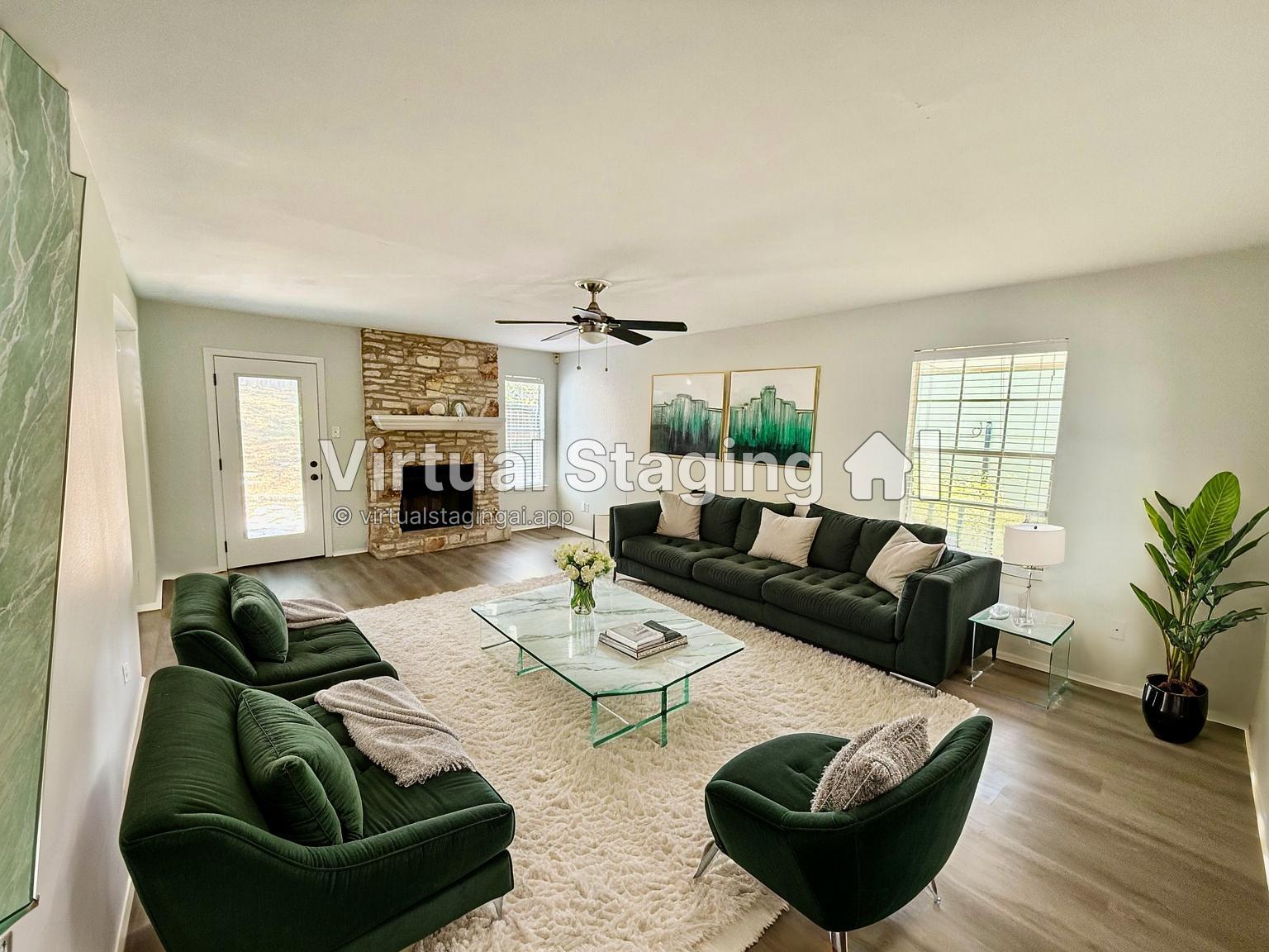 An inviting stone fireplace serves as the focal p