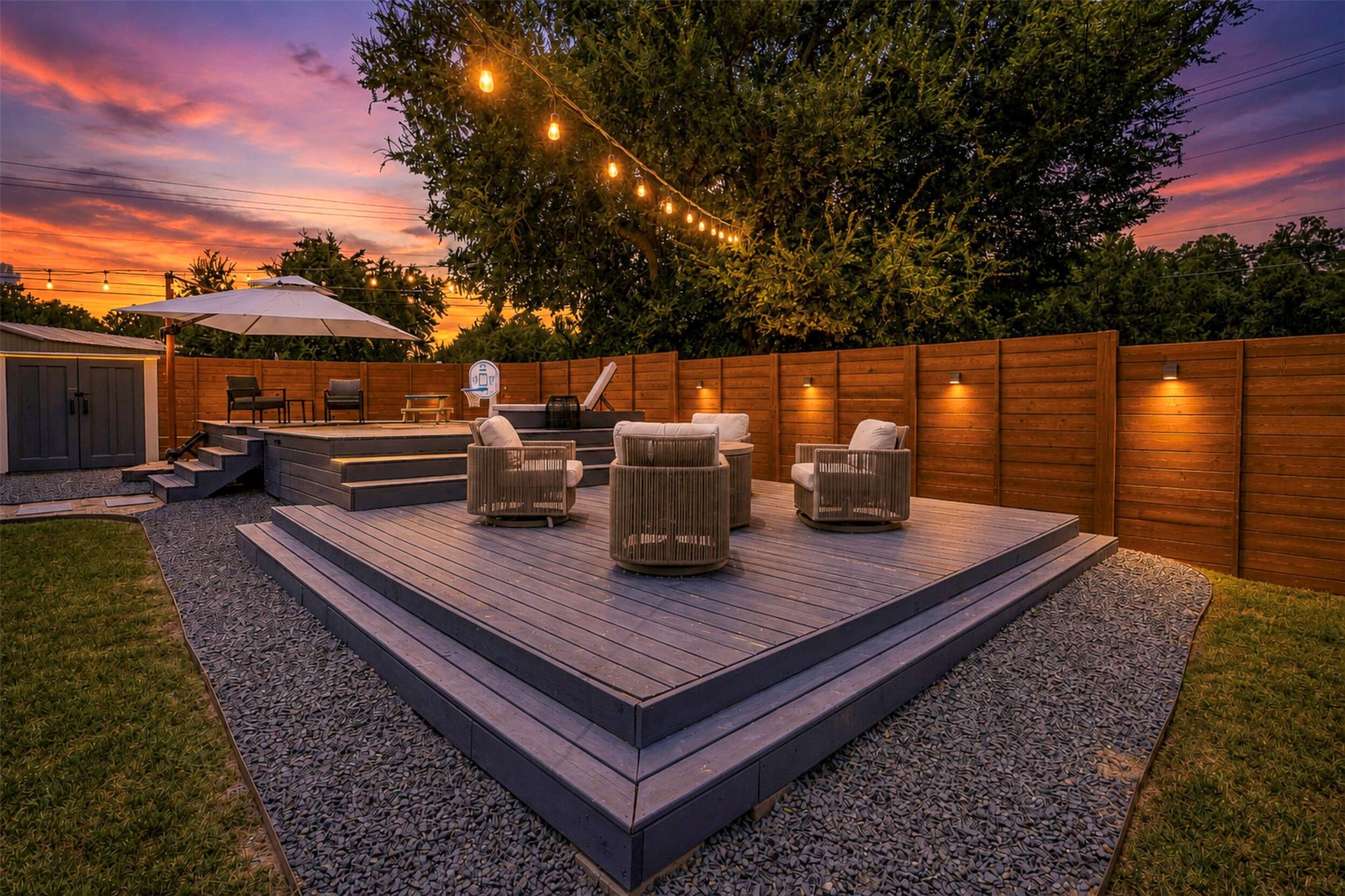Entertain guests on the multi-level deck, illumin