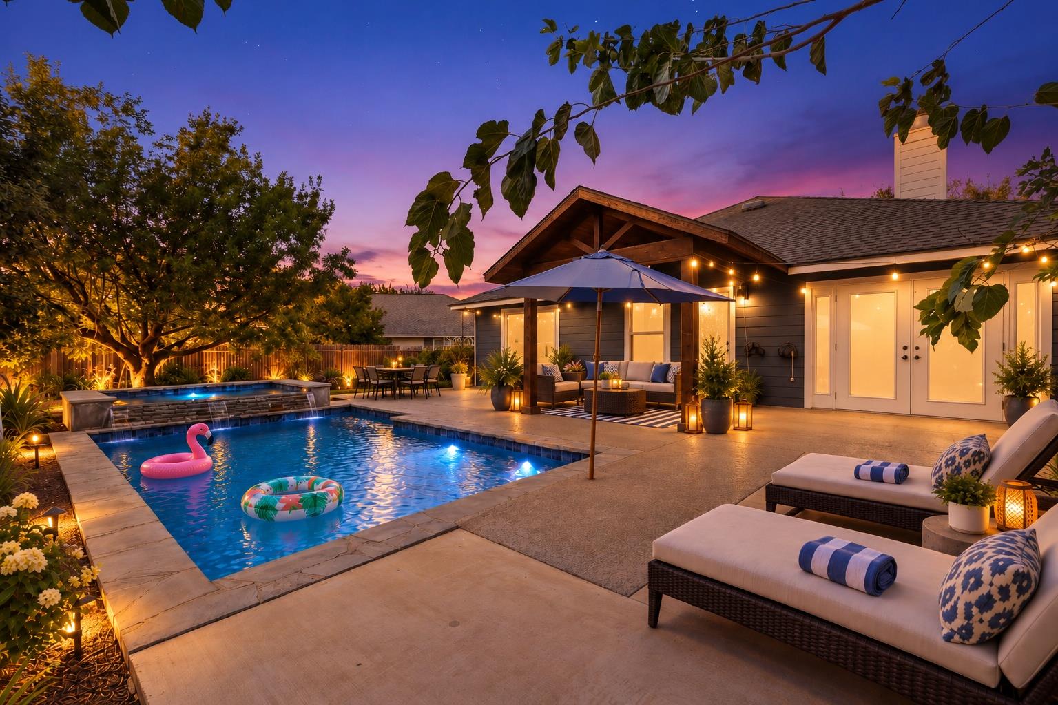 A sparkling in-ground pool and spacious concrete 