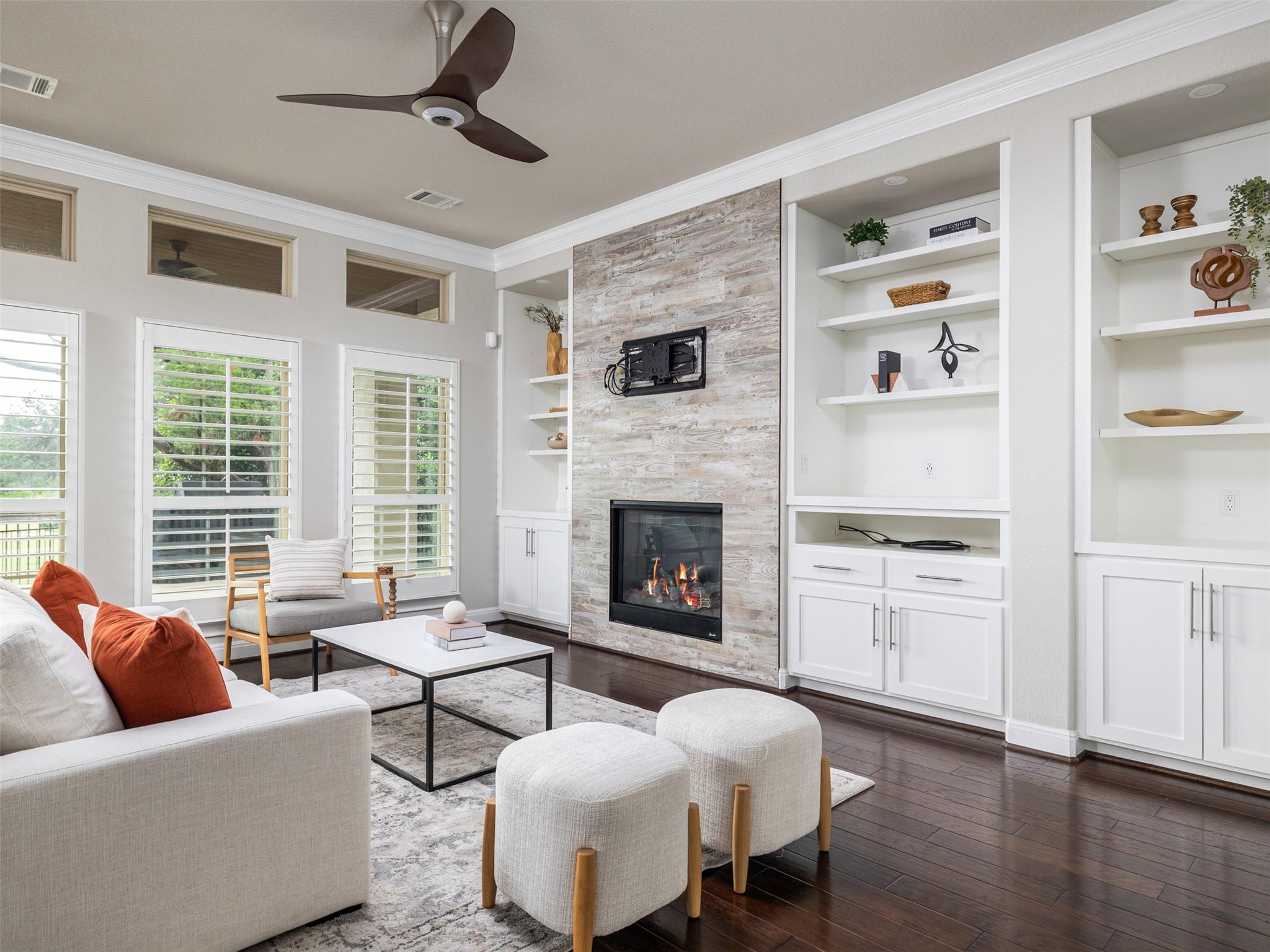 Elegant living room with rich hardwood floors and