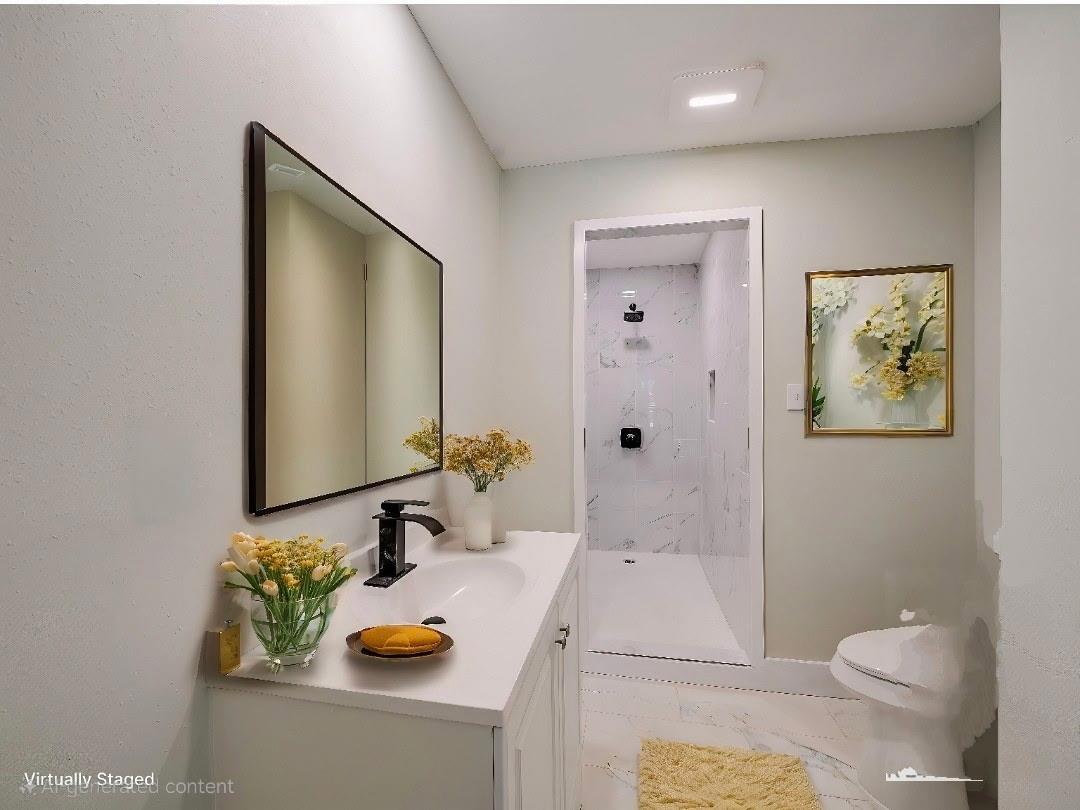 A well-appointed bathroom features a sleek vanity