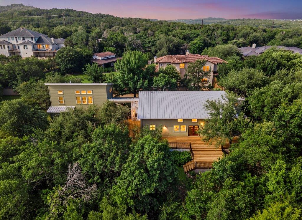 An aerial perspective reveals a contemporary resi