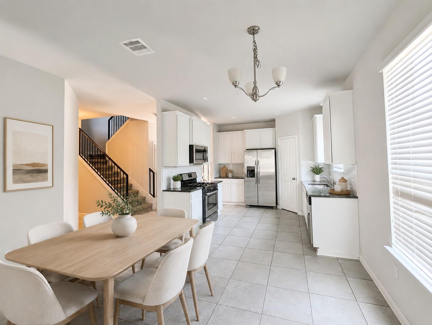 Tile flooring and an open layout seamlessly conne