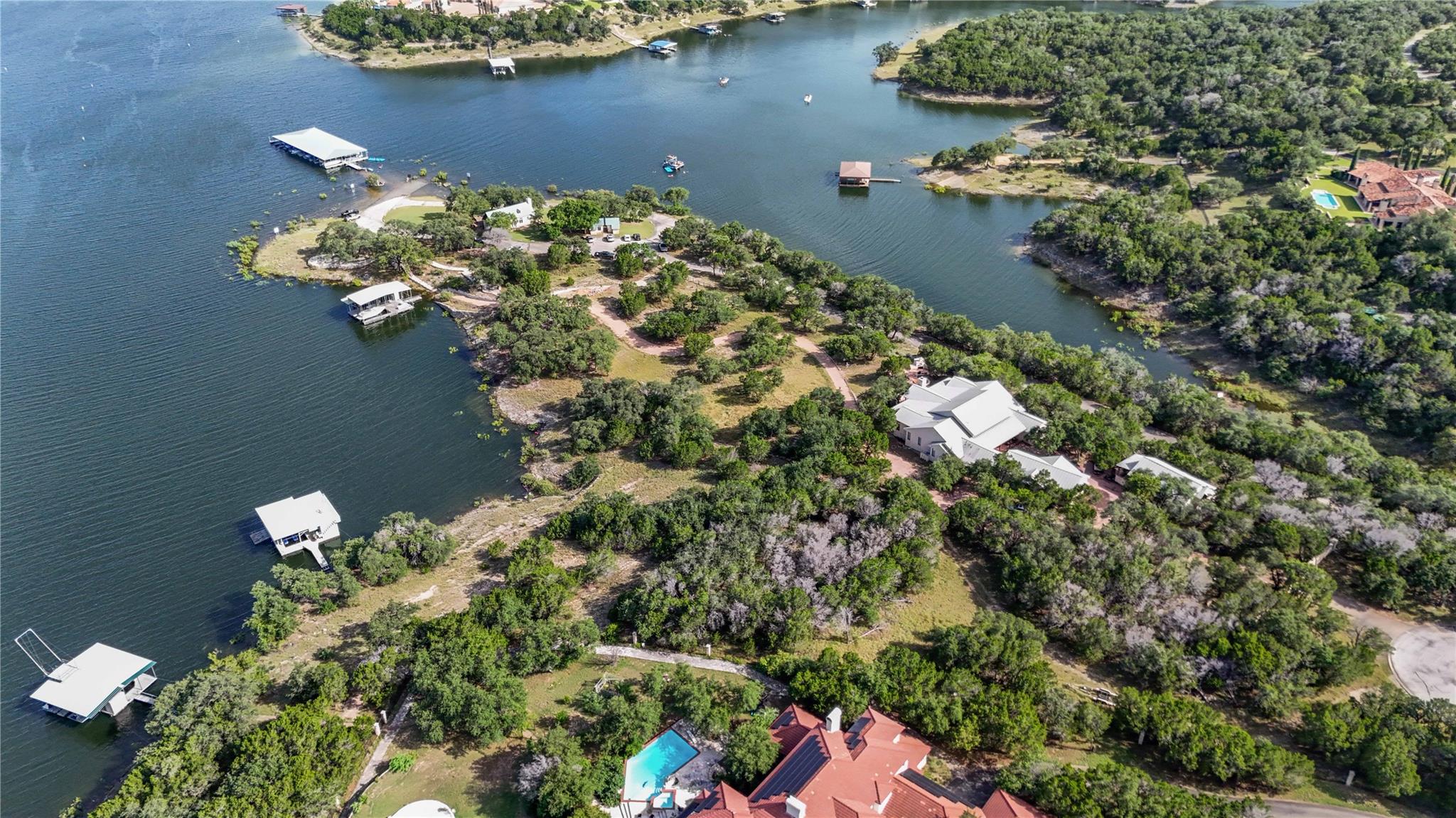 An aerial perspective reveals multiple waterfront