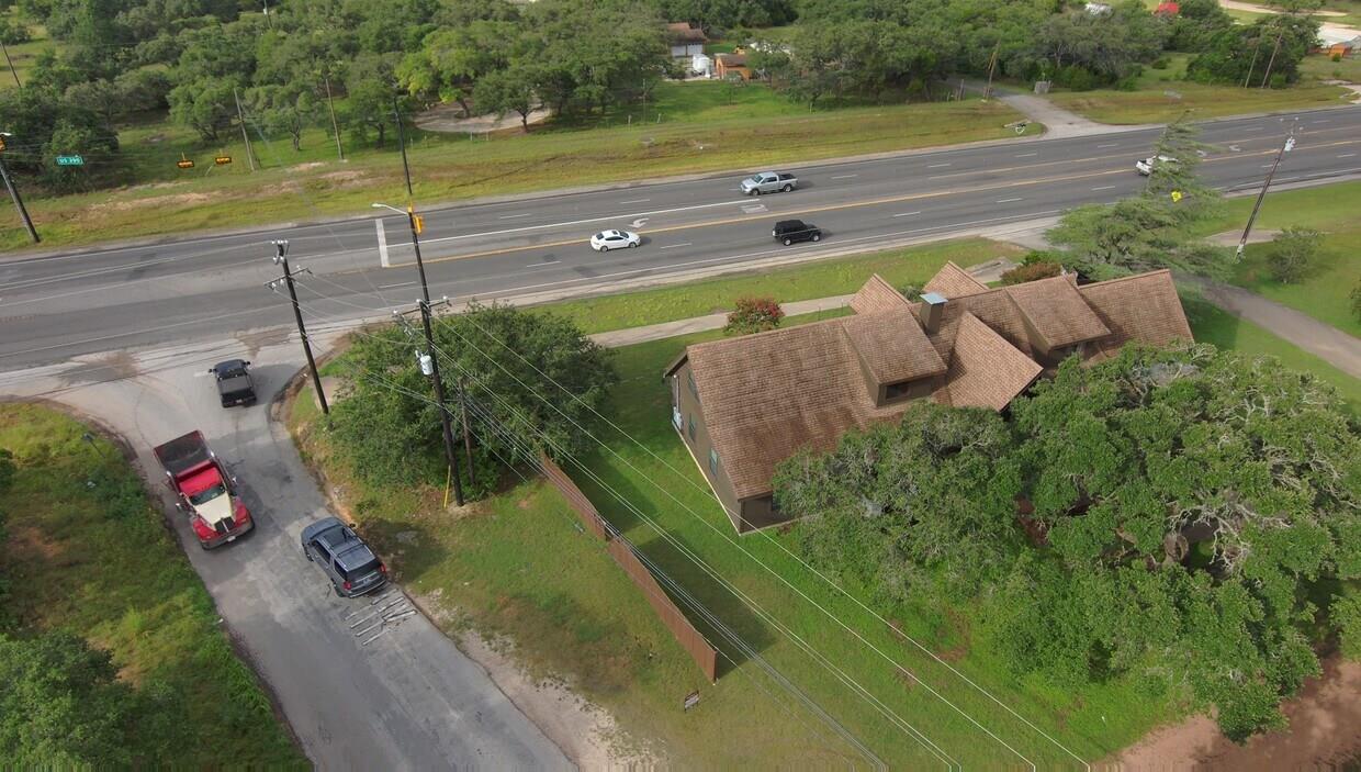 An aerial perspective reveals a unique multi-gabl