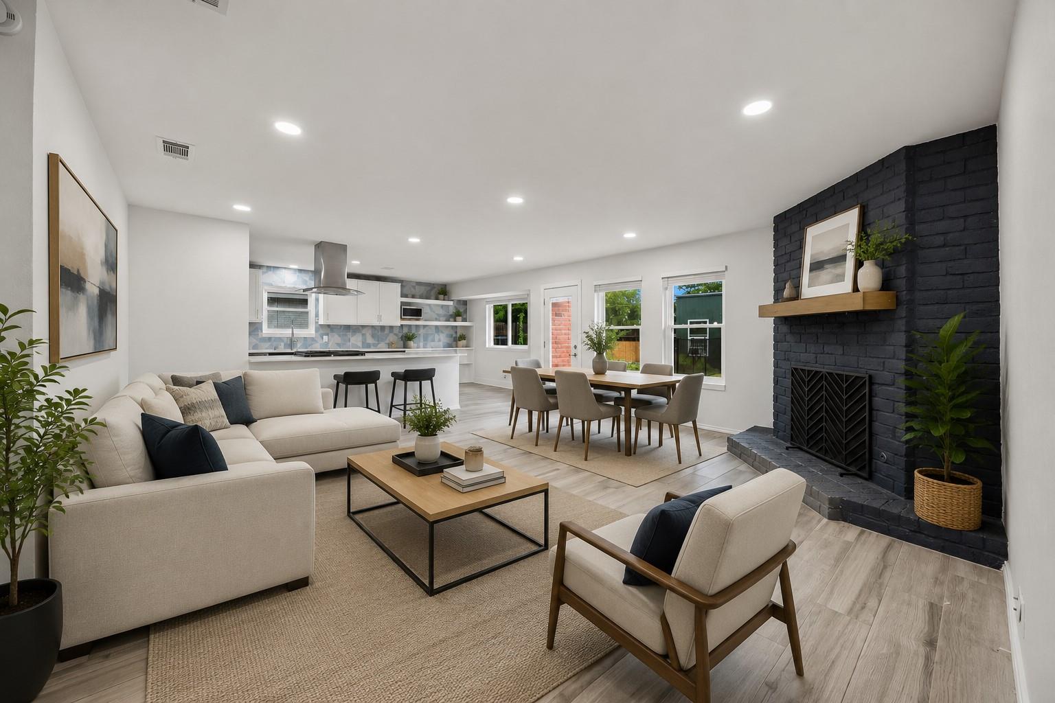 An open-concept living area with a sleek kitchen 