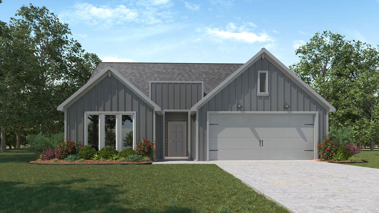 A modern grey facade with board and batten siding