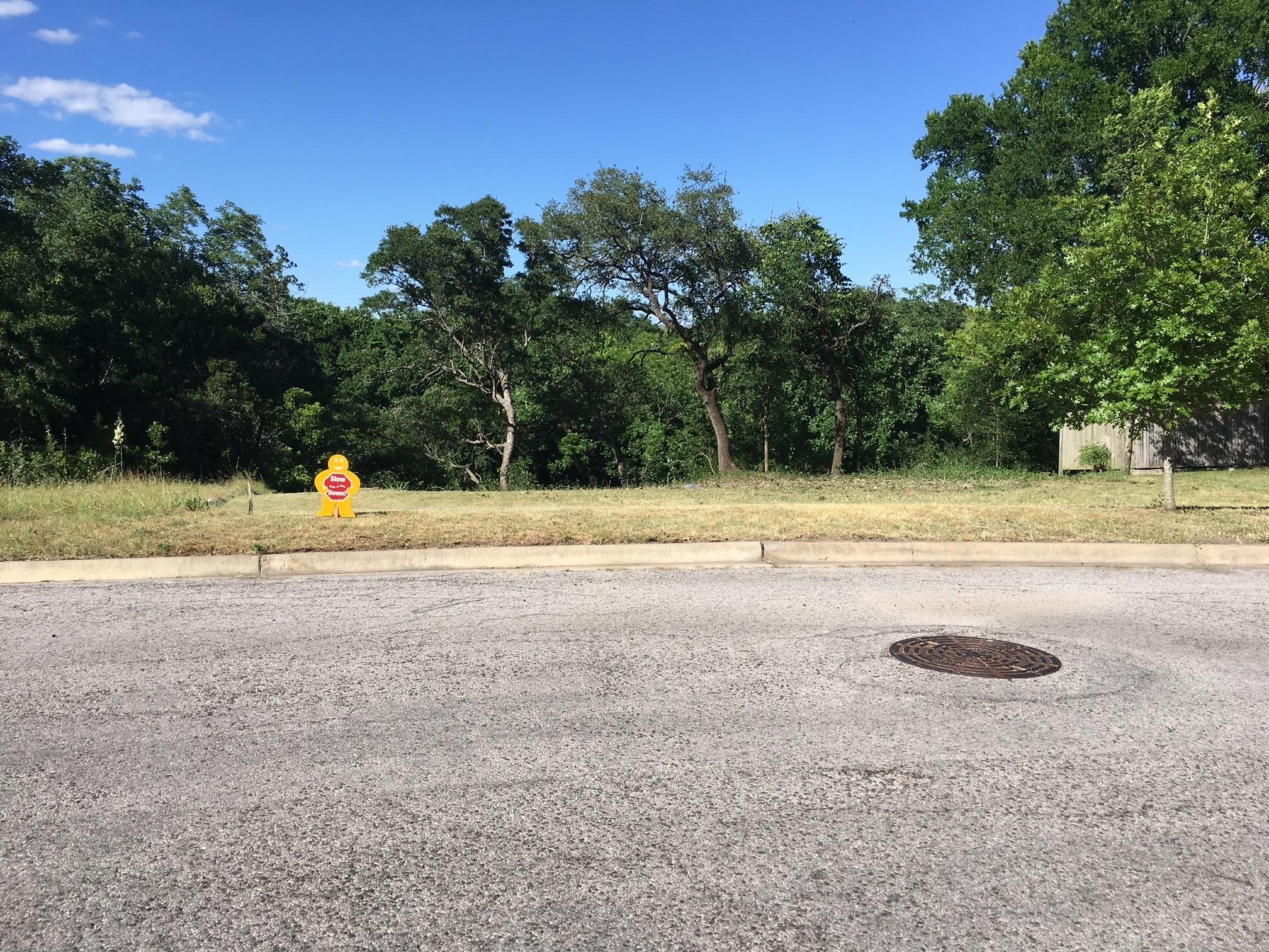 A well-maintained street borders a verdant lot, o