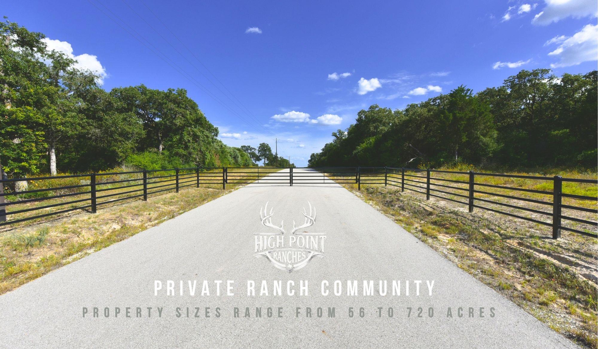 A private ranch community road leads to a gated e
