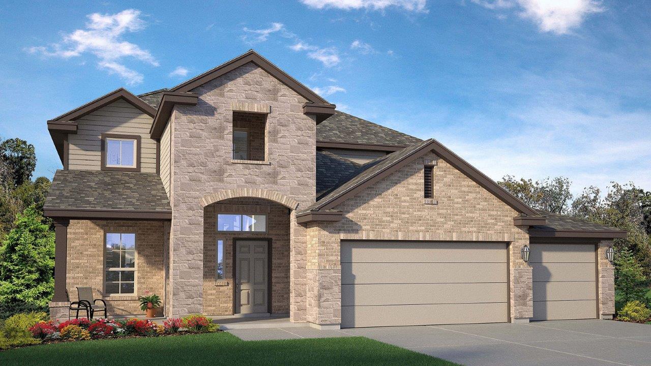 A striking exterior combines brick and stone, cre