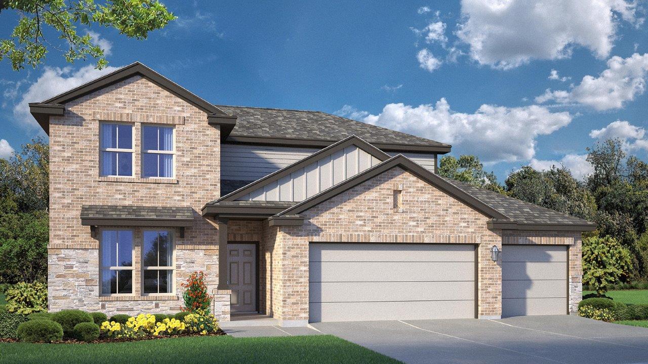 Two-story brick and stone facade residence featur