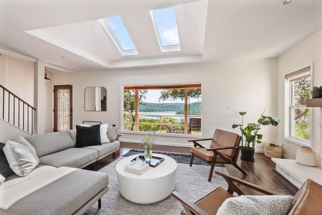 Natural light floods this living room, showcasing