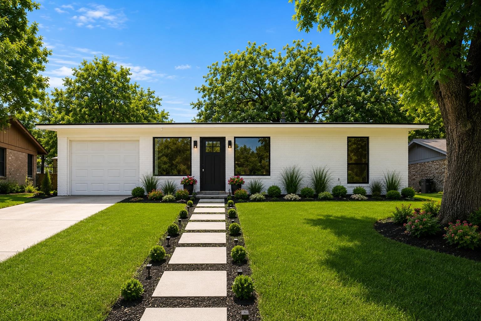 Modern white brick home with dark trim offers pri