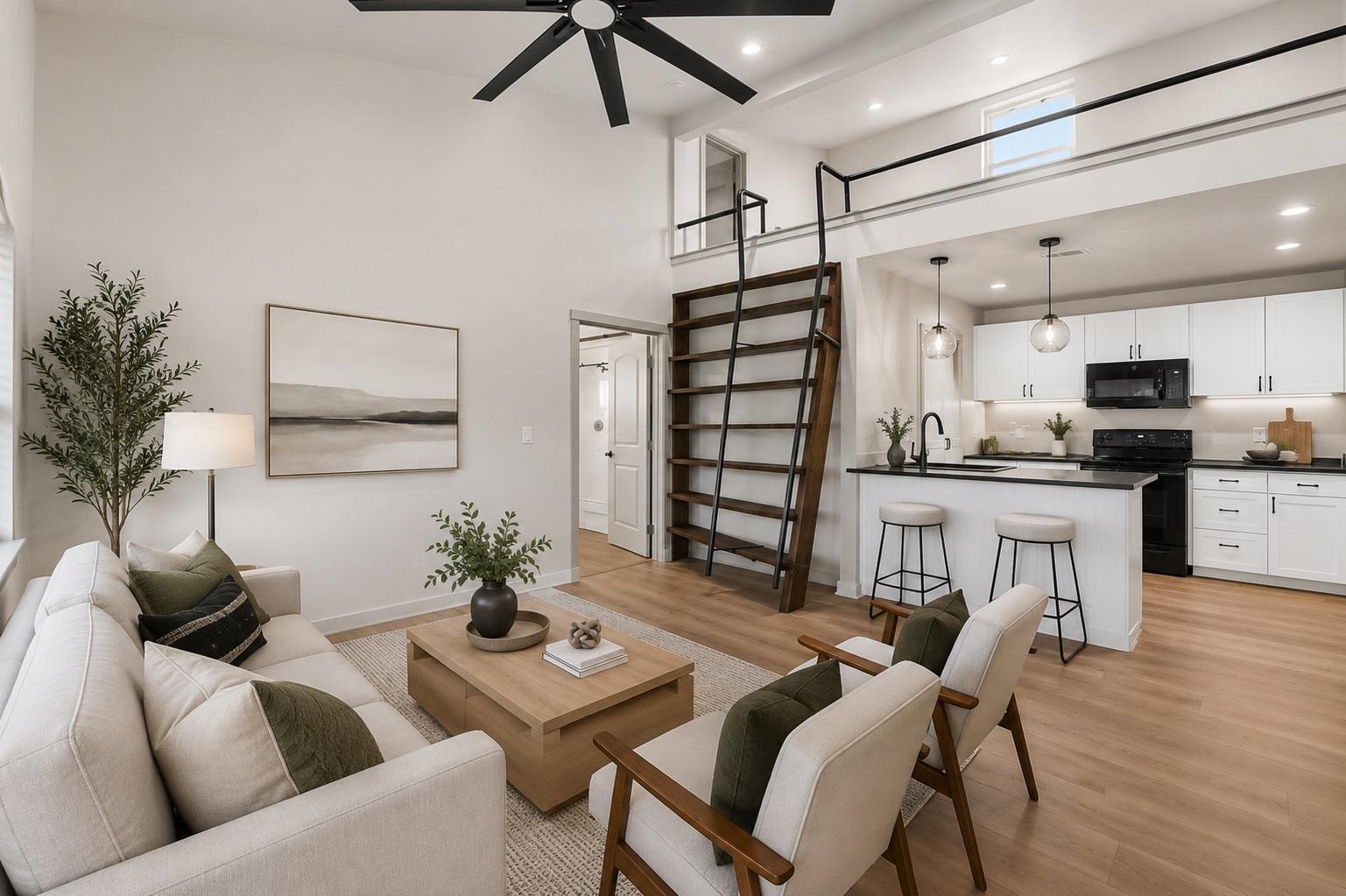 A contemporary open-concept living space features