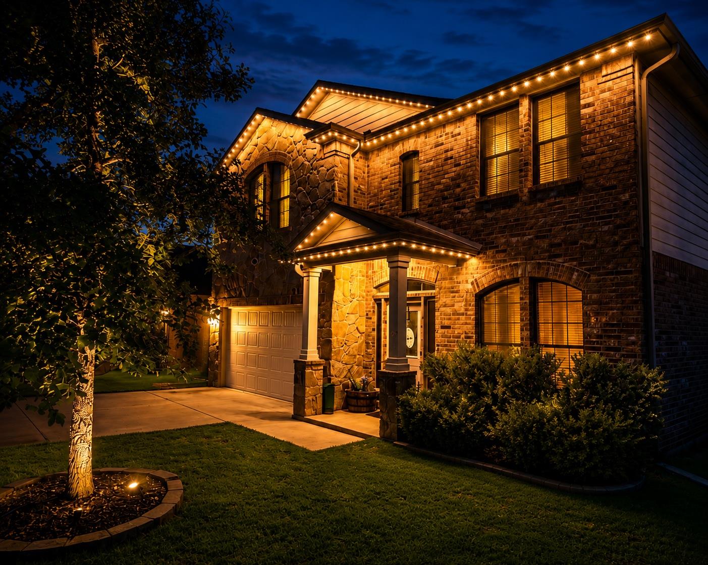Illuminated by festive lighting, this residence p