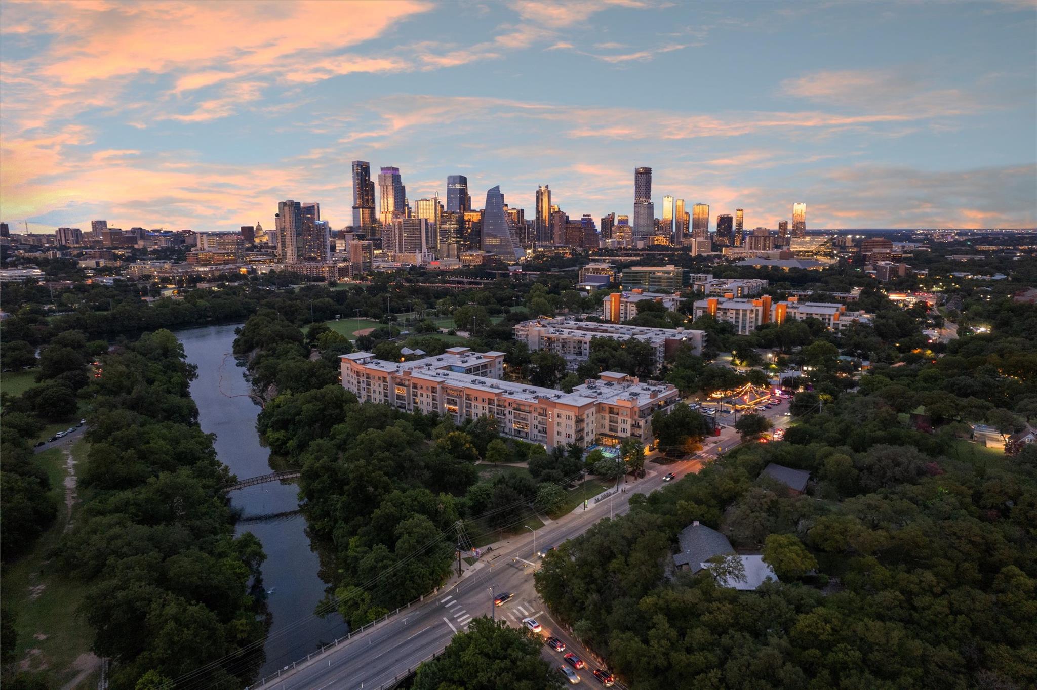 An aerial perspective showcases a vibrant citysca