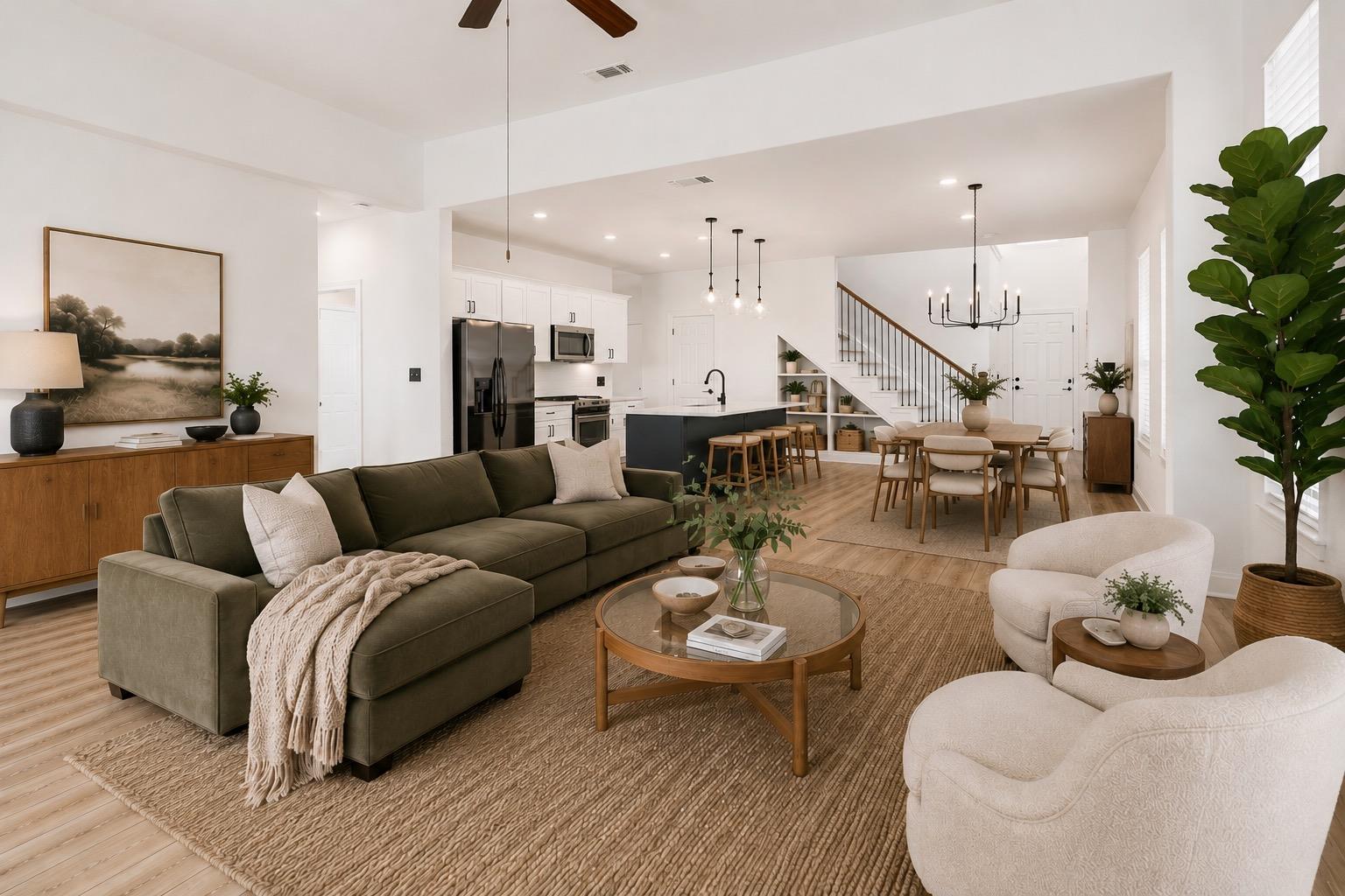 An open-concept living area features a spacious l