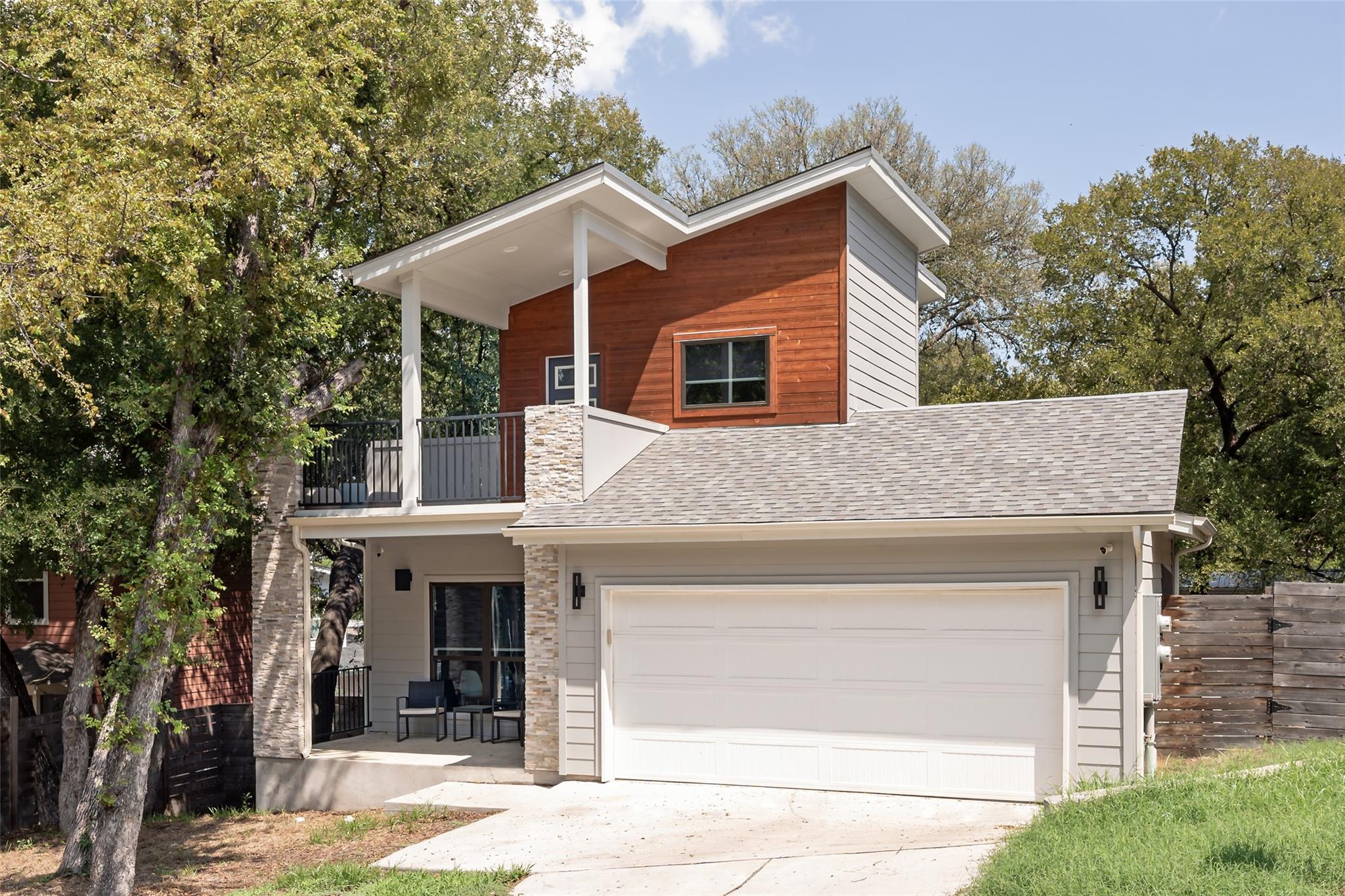 Modern architecture with natural wood and stone a