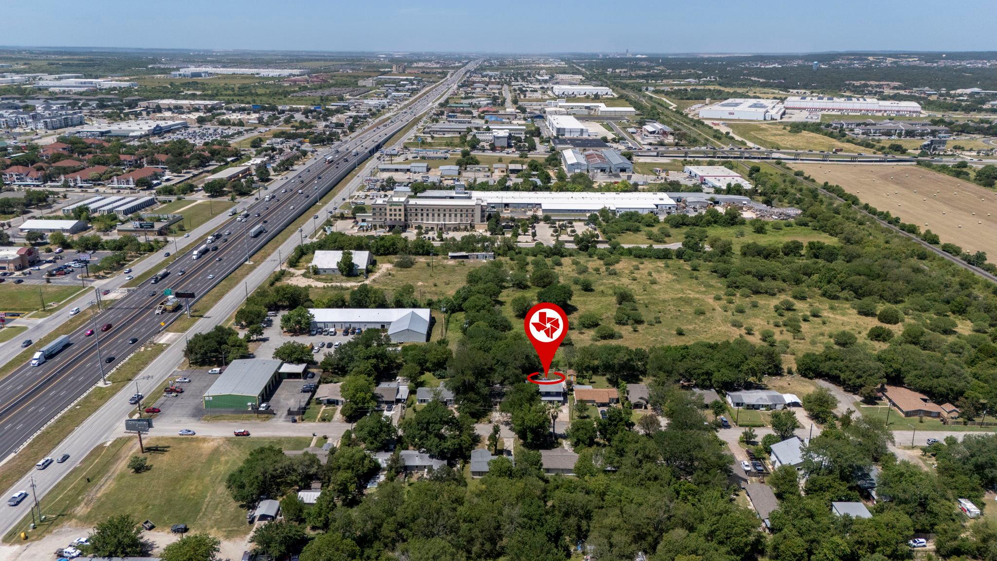 An aerial perspective reveals a vibrant neighborh