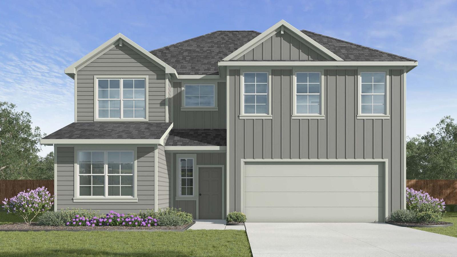 A classic gray exterior with crisp white trim and