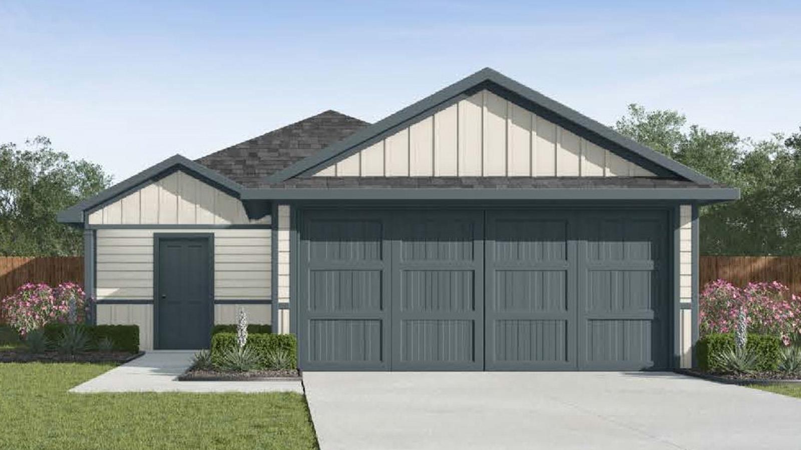 A welcoming facade presents a two-car garage, man