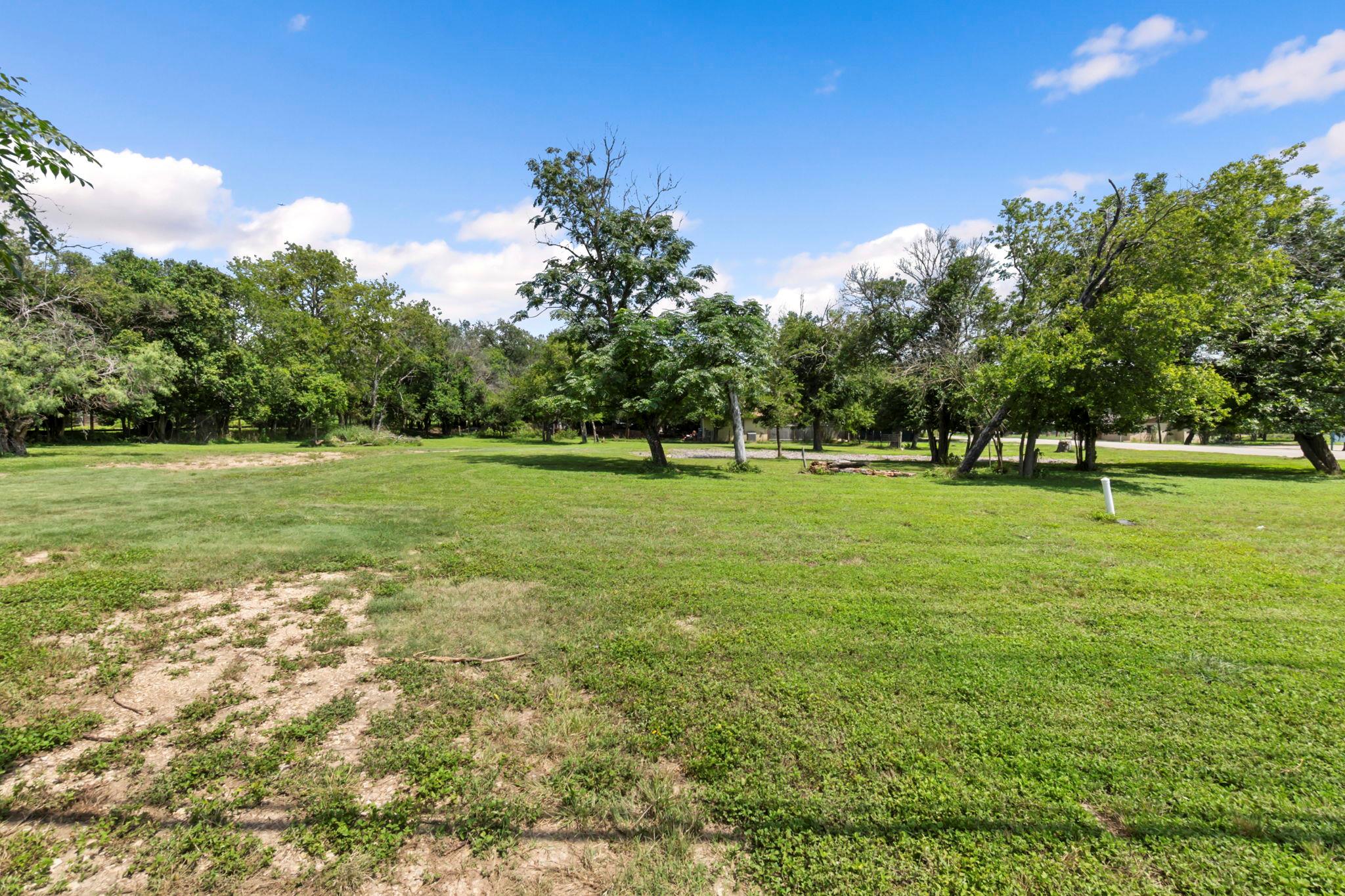 A verdant, open lot offers ample space with matur