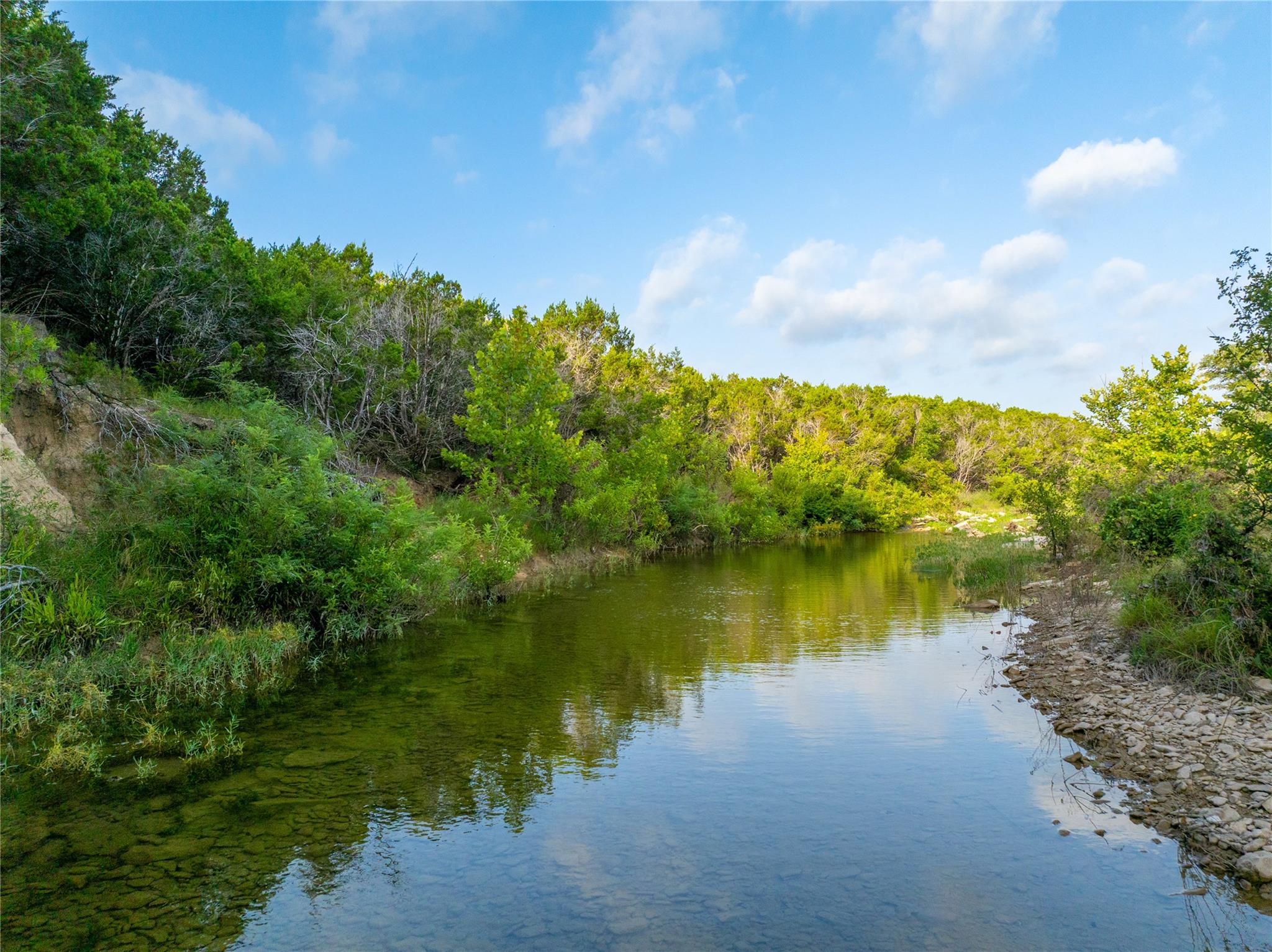 Clear waters meander through lush greenery under 