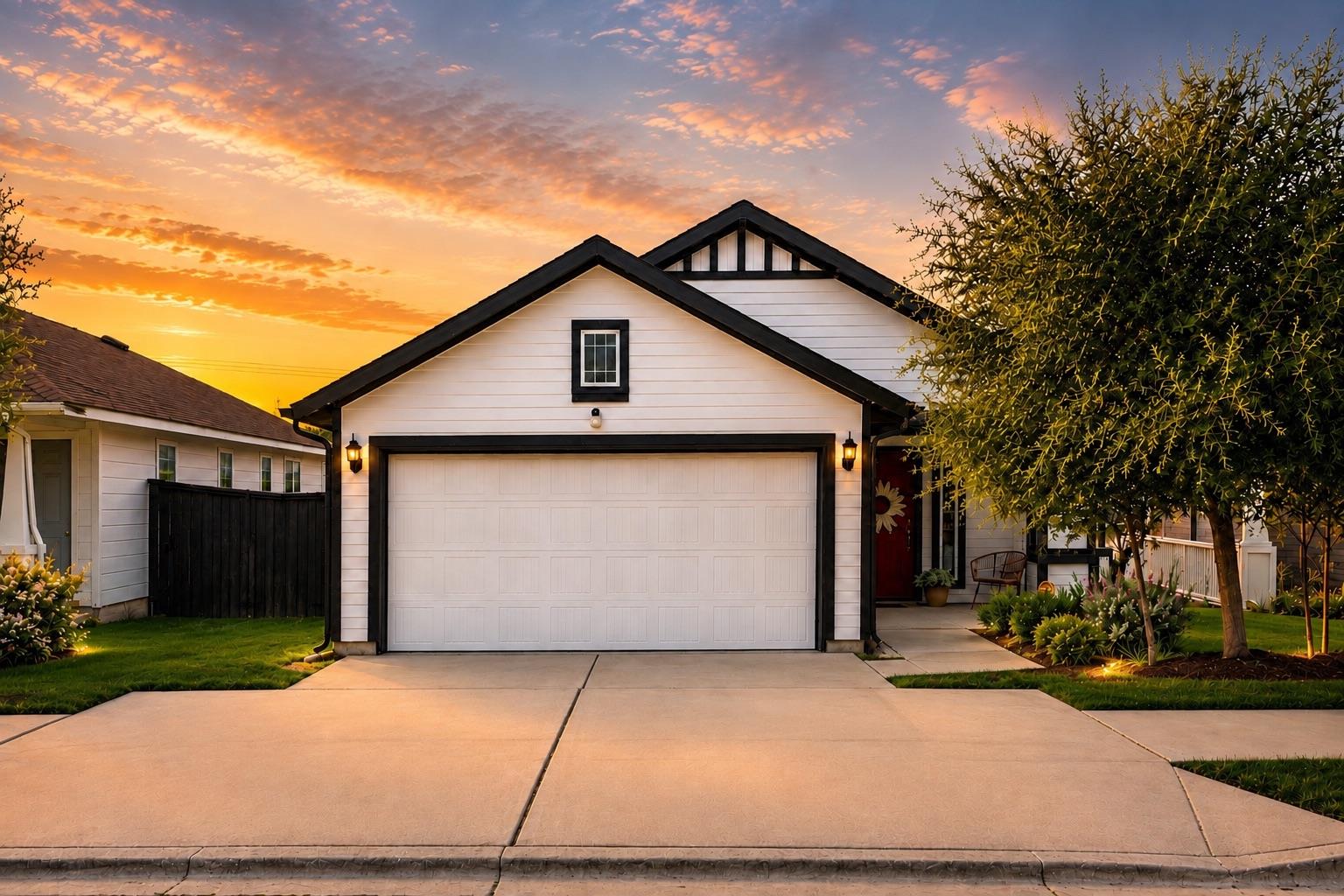 An inviting front facade features a neat concrete