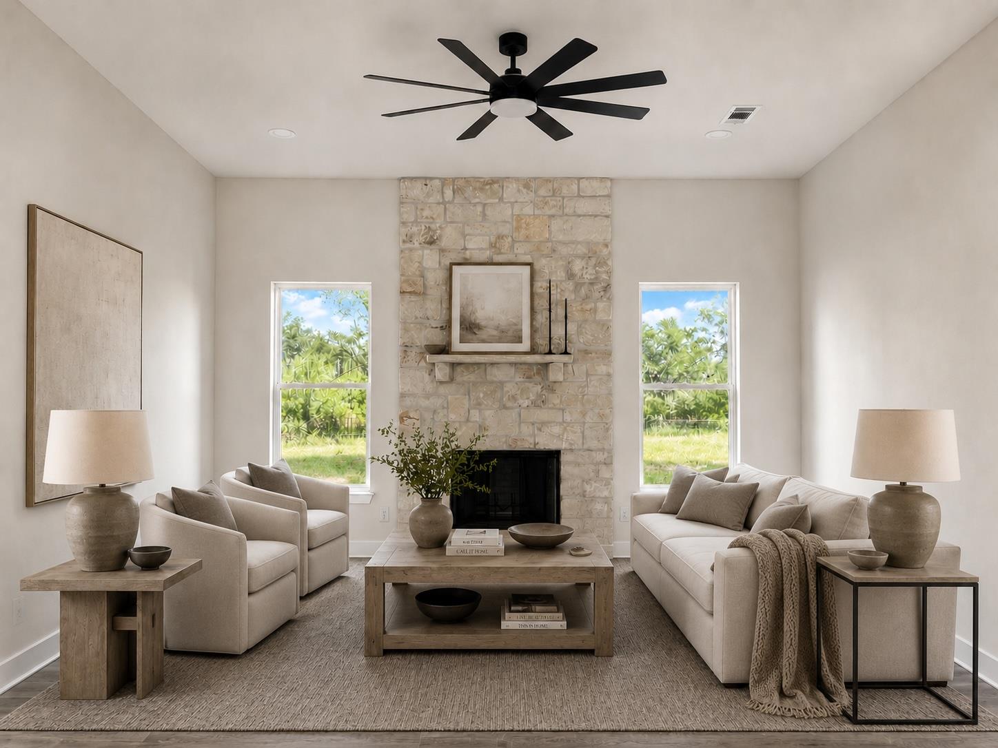 A comforting living area features a stone firepla