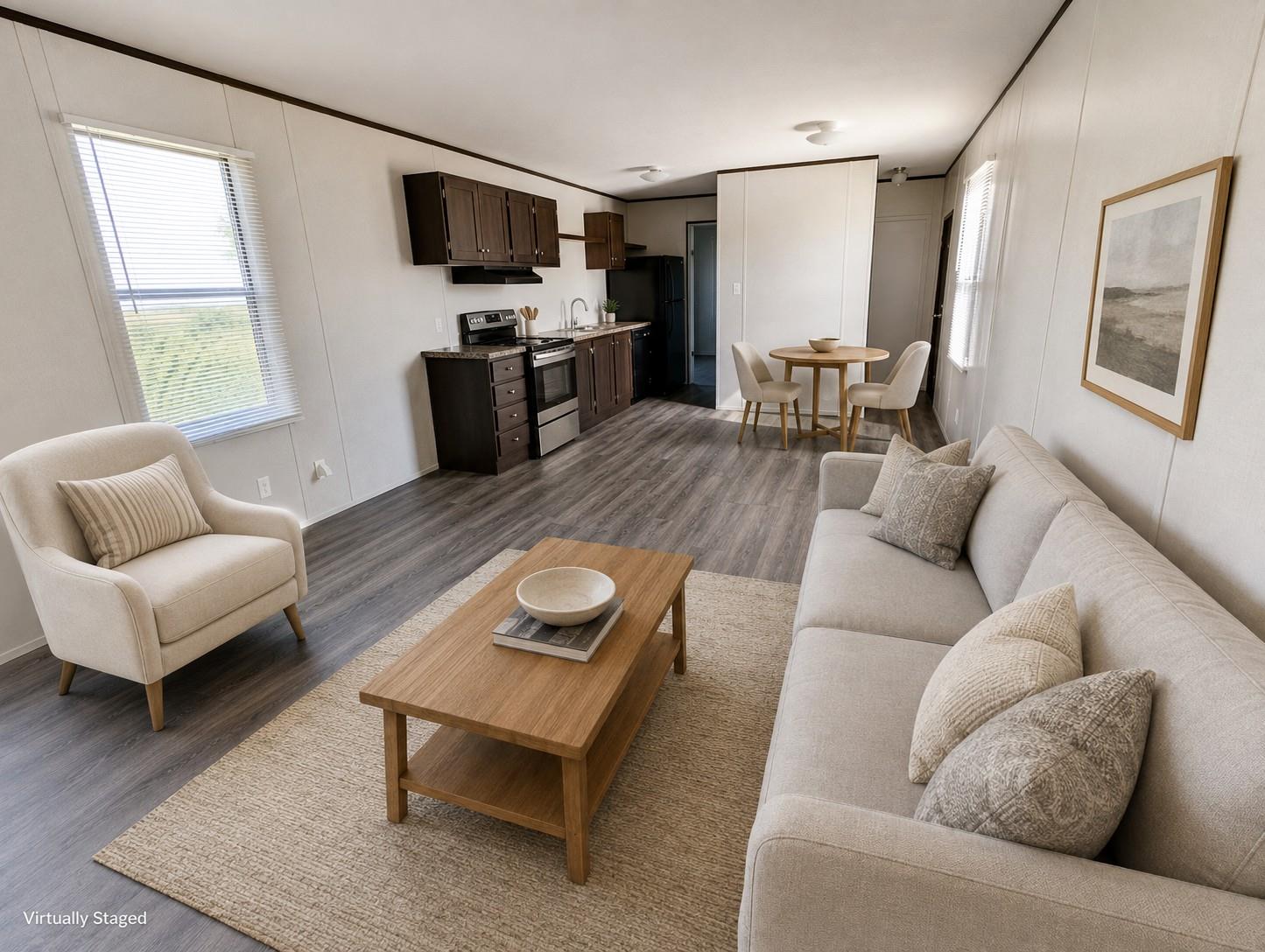 An open-concept living area with dark wood cabine