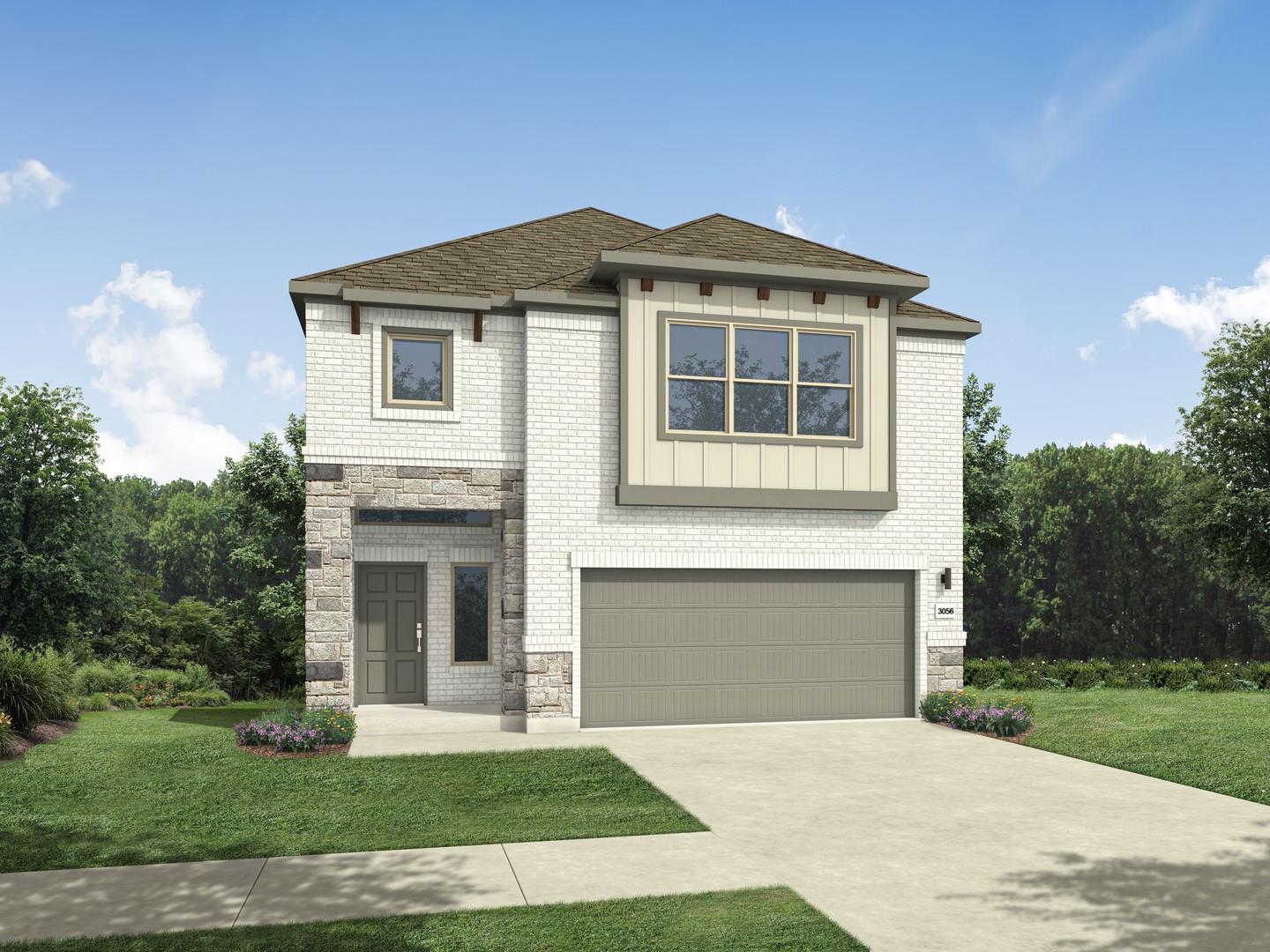 A contemporary two-story home with a brick and st