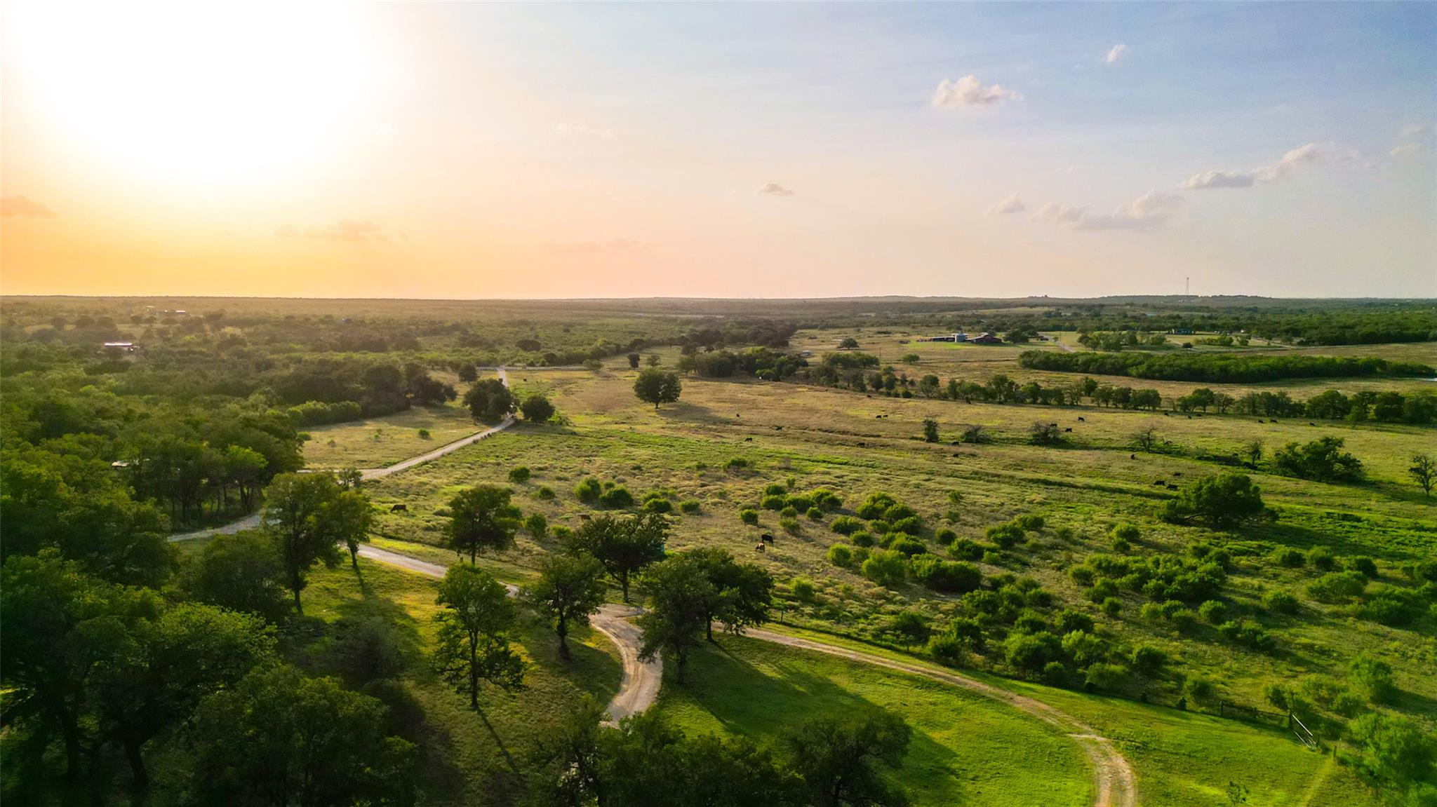 Vast green fields and abundant trees frame a wind
