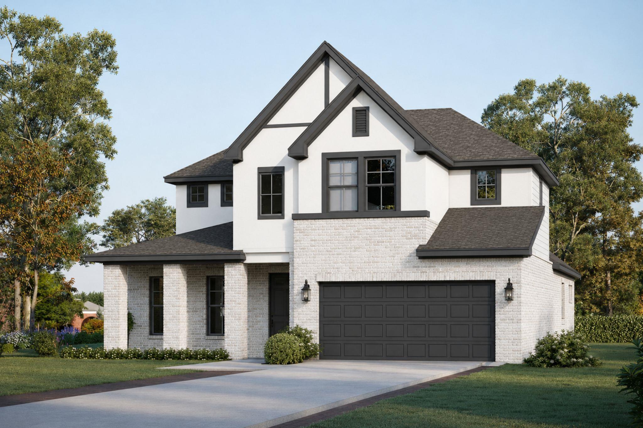 Crisp white stucco and light brick masonry define