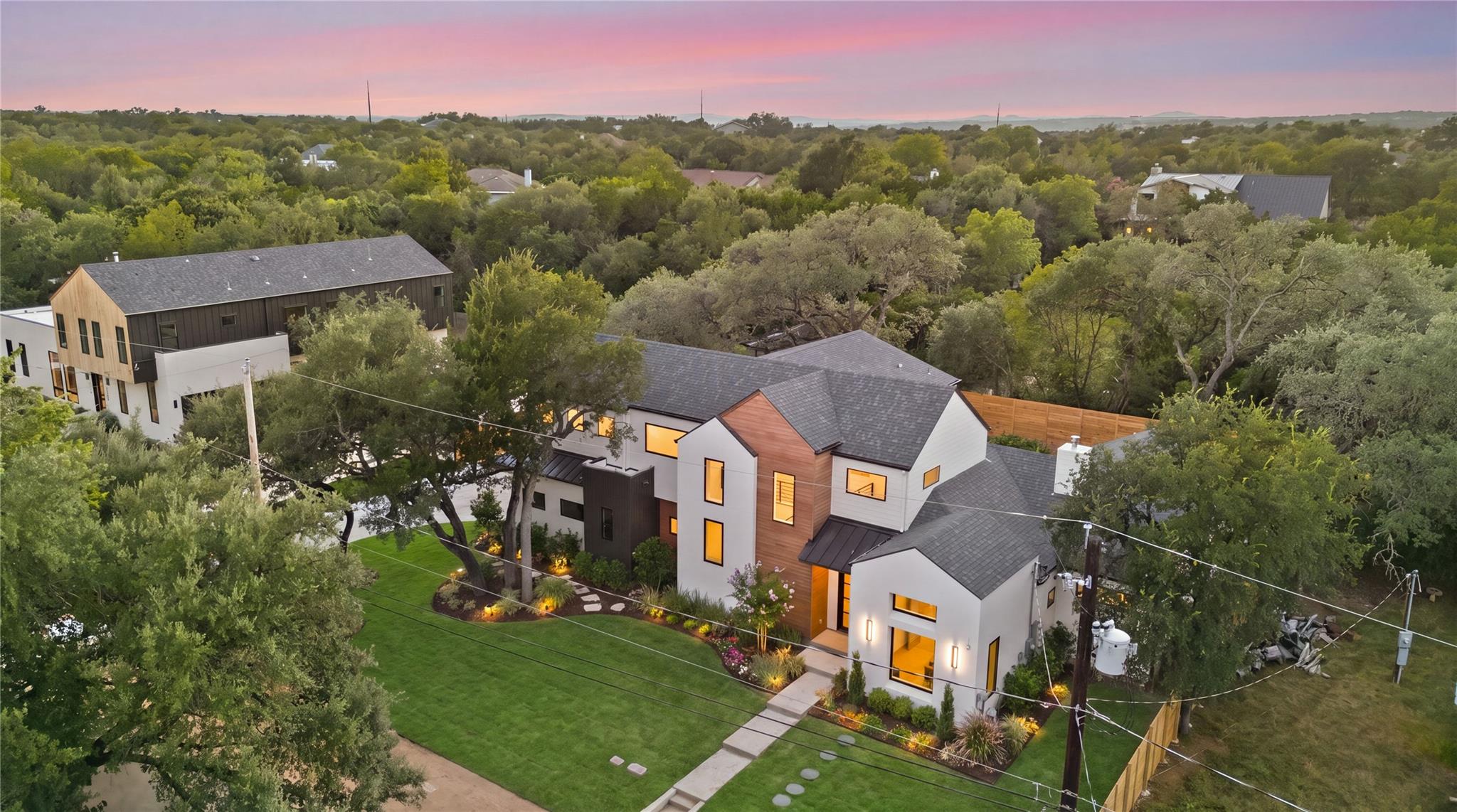 An aerial perspective reveals a contemporary home