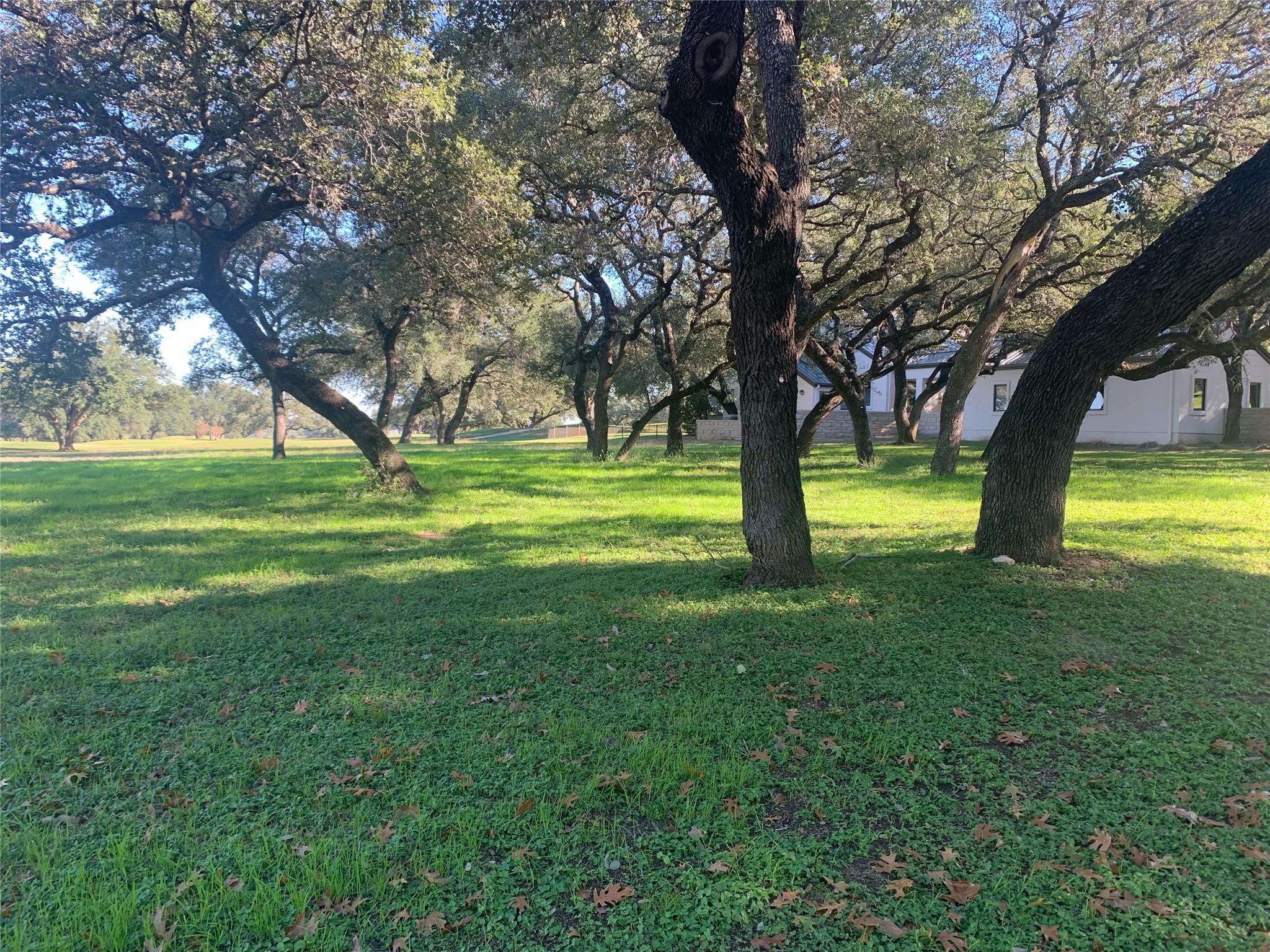 Mature trees shade a verdant lawn, framing a welc