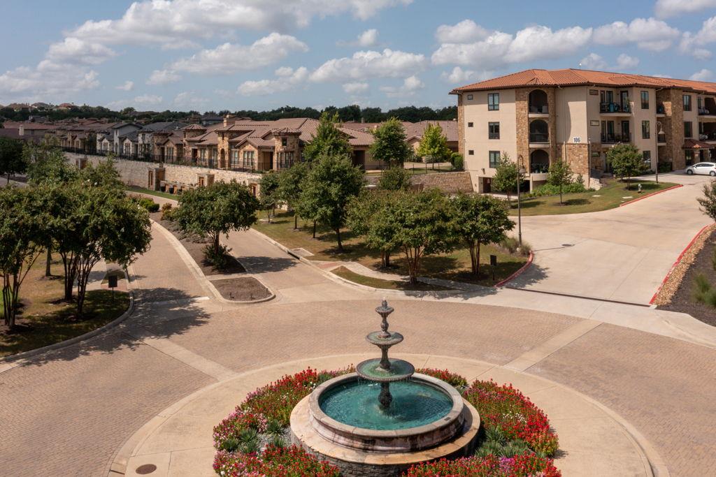 A grand tiered fountain forms a picturesque focal